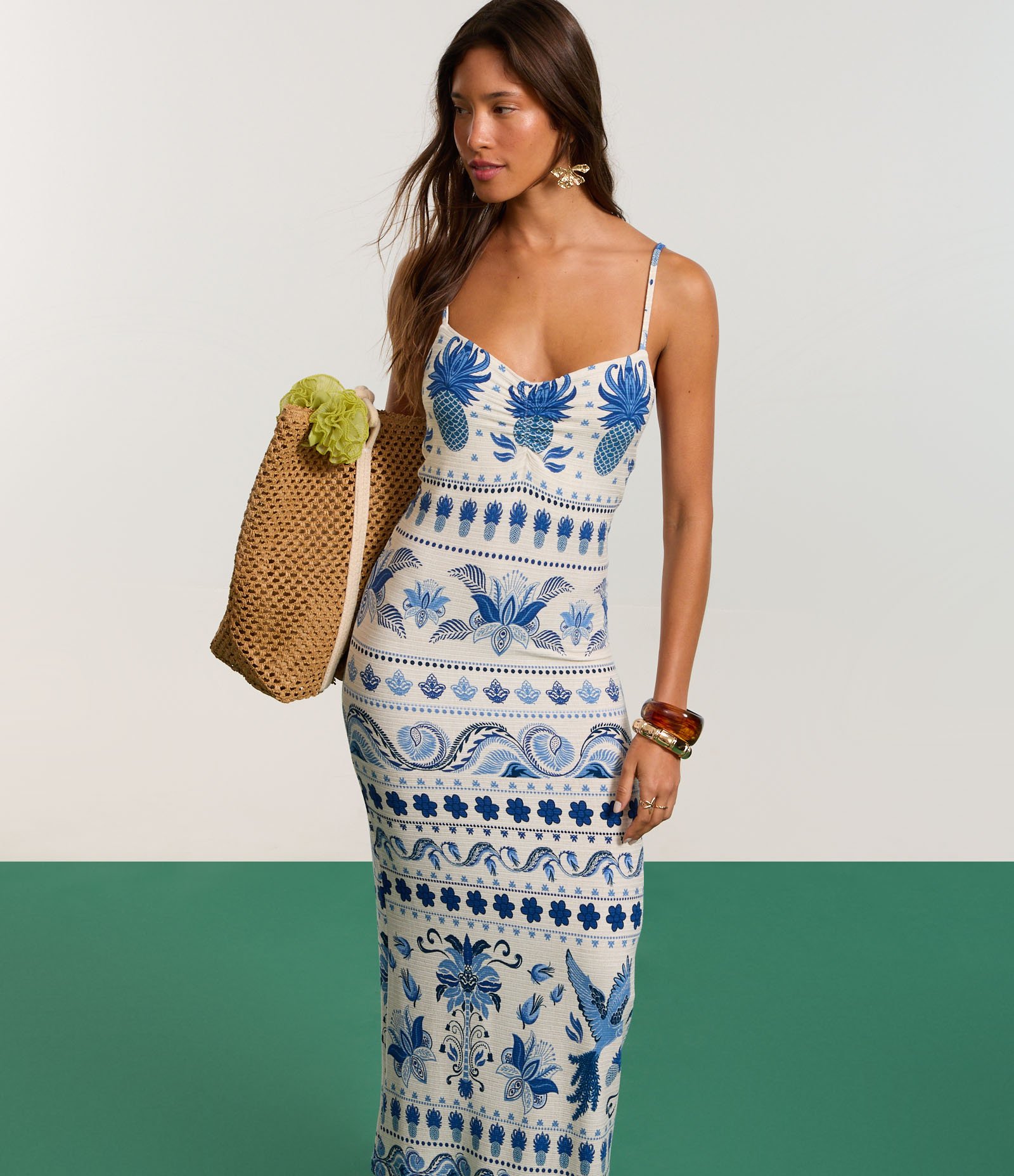 Vestido New Midi Texturizado em Ribana Estampa Tropical Azul 5