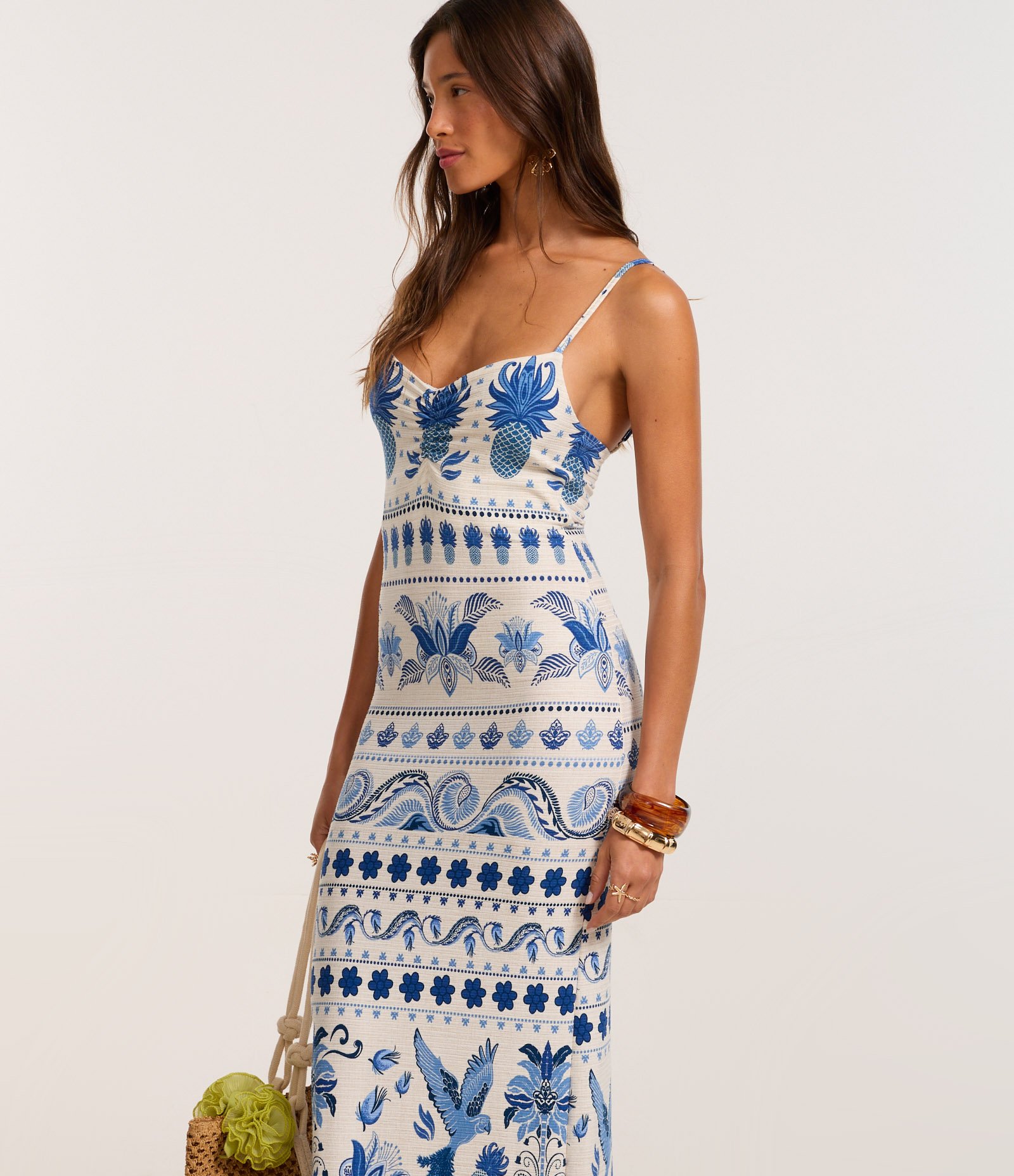 Vestido New Midi Texturizado em Ribana Estampa Tropical Azul 2