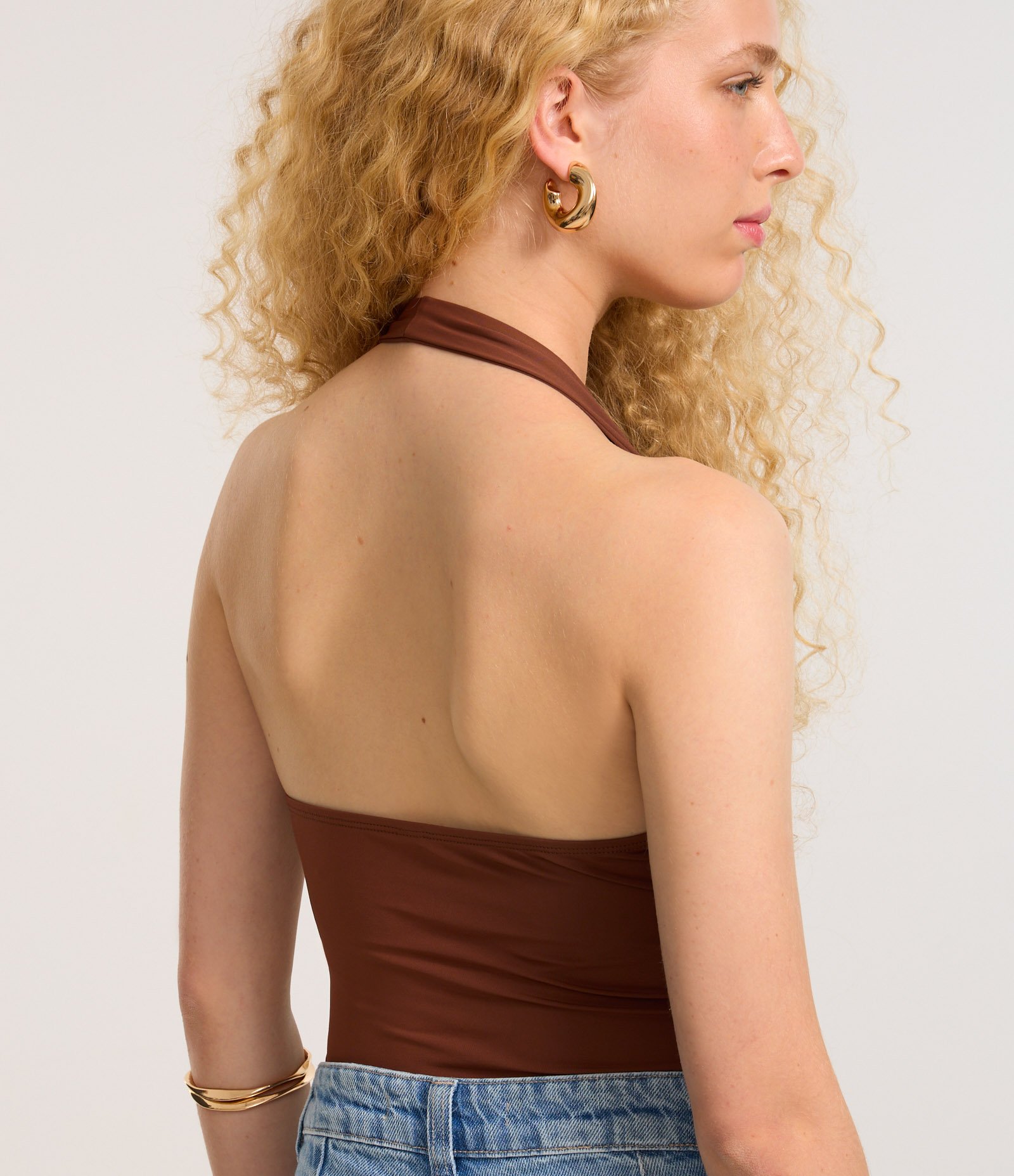 Blusa Frente Única em Microfibra com Decote V Transpassado Marrom 5