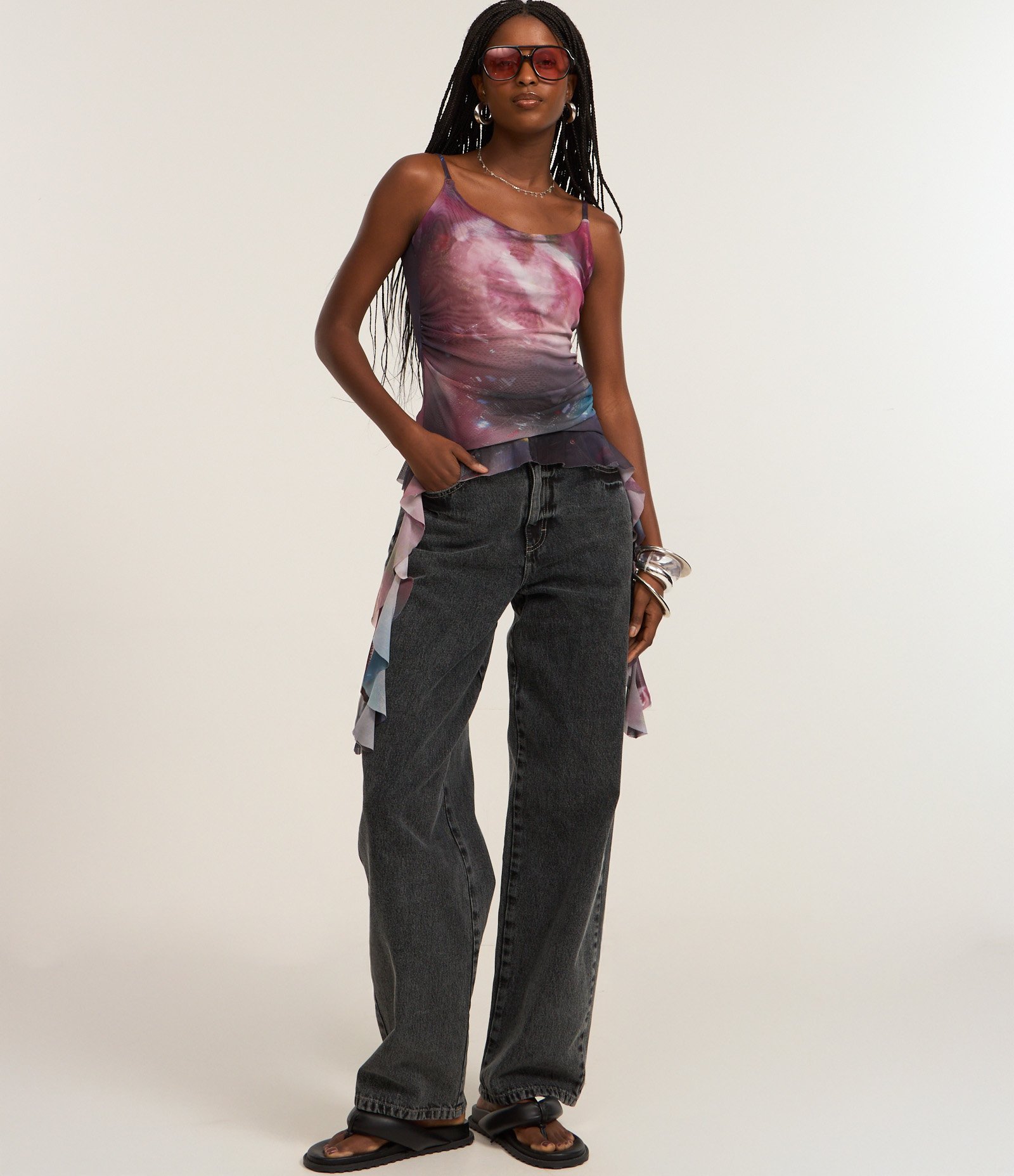 Blusa em Tule com Estampa Abstrata e Pontas com Drapeados Roxo 2