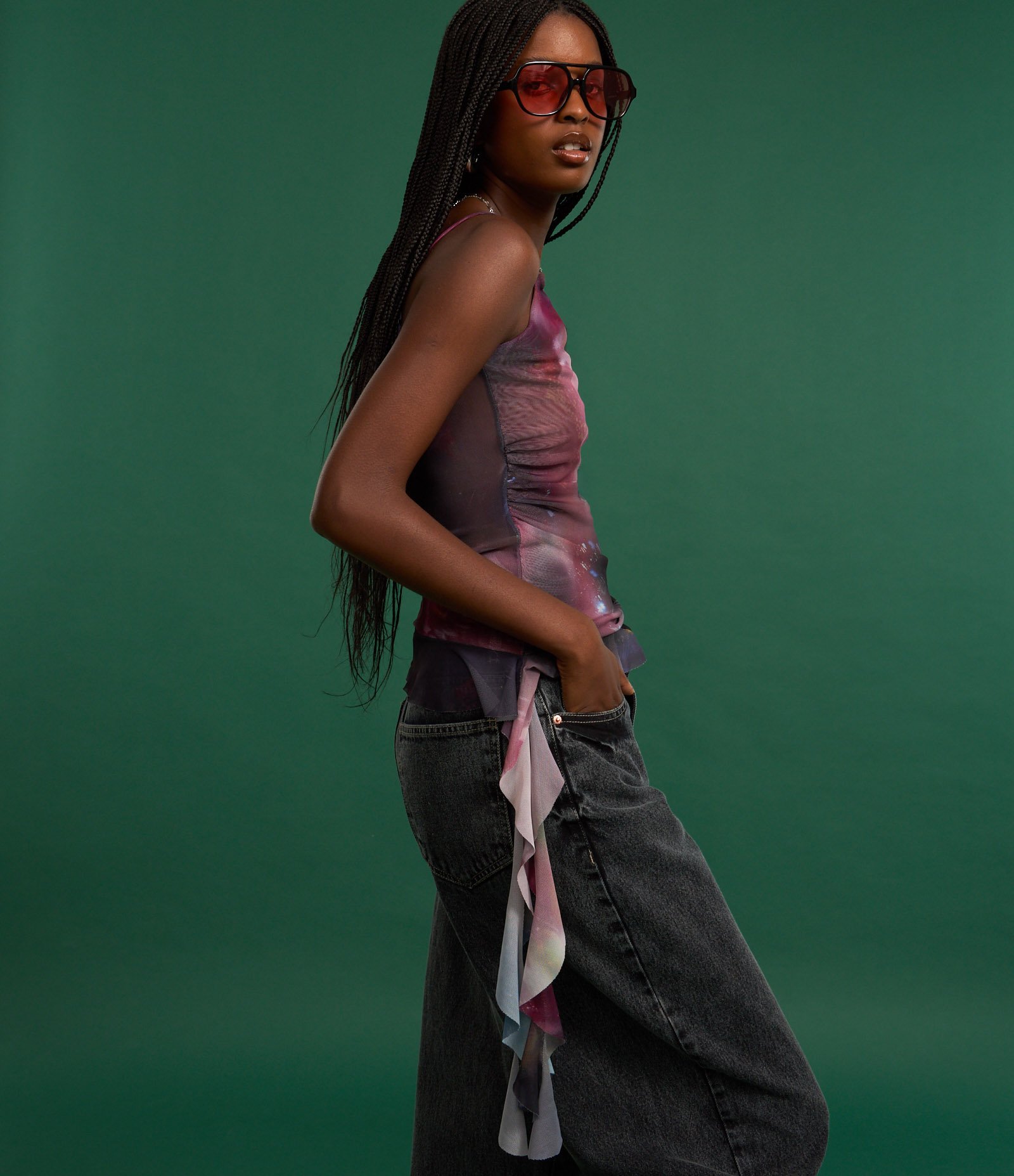 Blusa em Tule com Estampa Abstrata e Pontas com Drapeados Roxo 4