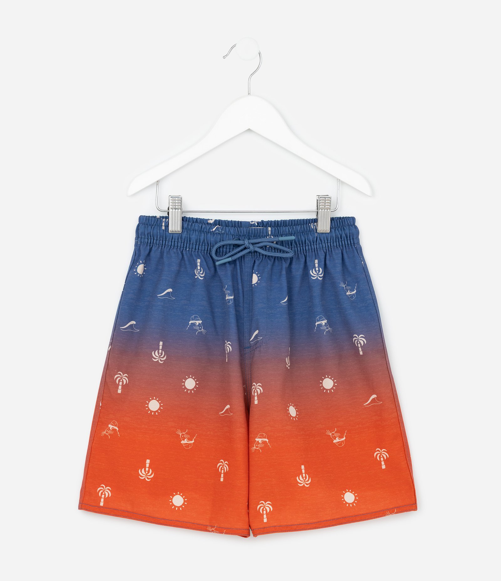 Bermuda Infantil de Banho com Estampa Degradê e Mini Ícones - Tam 5 a 14 Anos Azul/Laranja 1