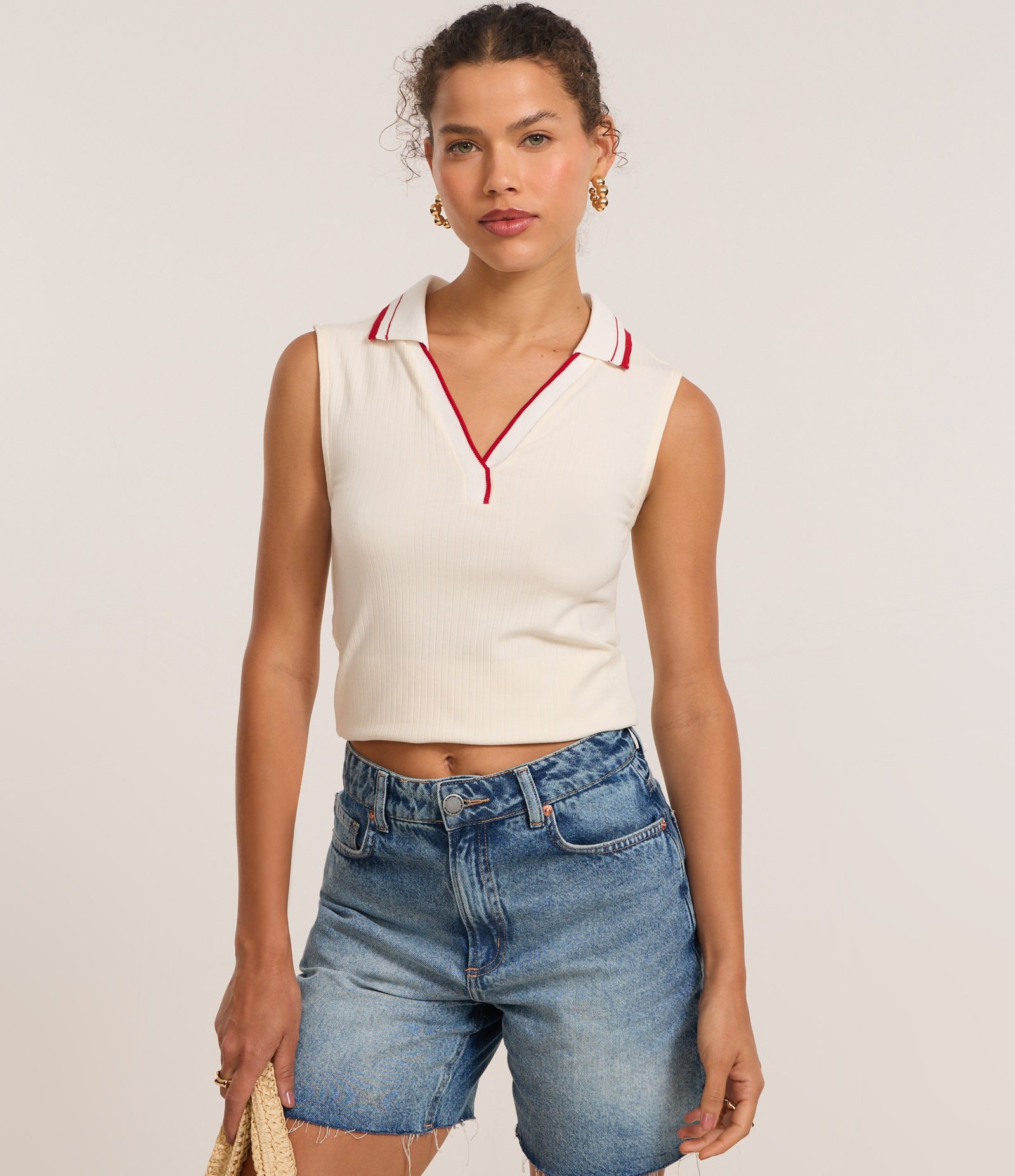 Blusa em Ribana com Gola Polo com Contraste Off White 3