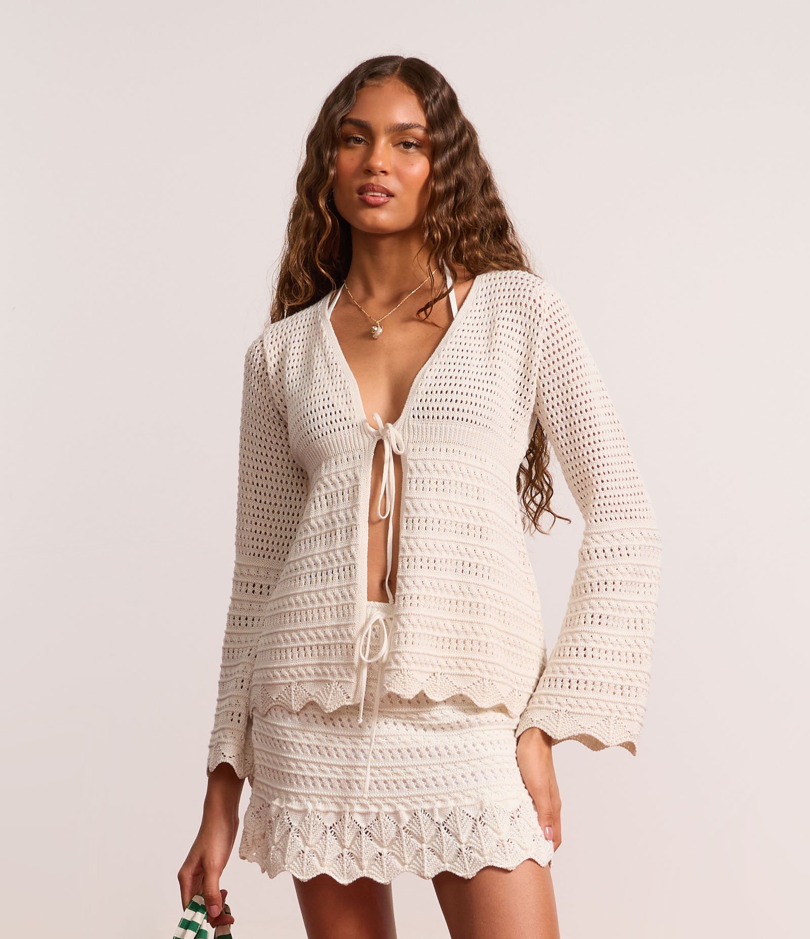 Kimono em Tricô com Mix de Pontos e Amarração Off White 1