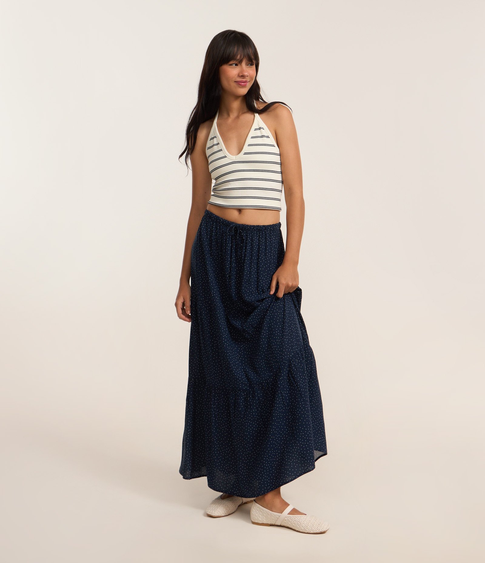 Saia New Midi em Chalis Poá com Elástico no Cós Azul Marinho 1