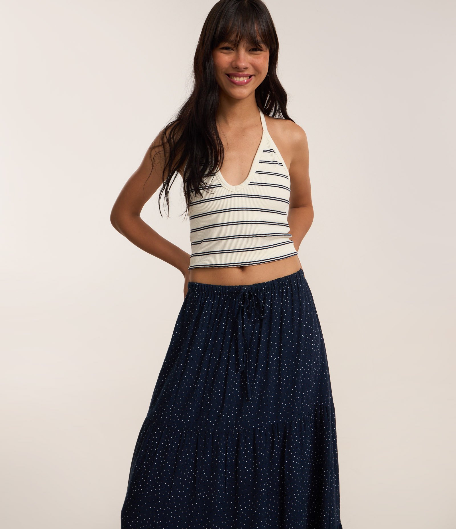 Saia New Midi em Chalis Poá com Elástico no Cós Azul Marinho 2