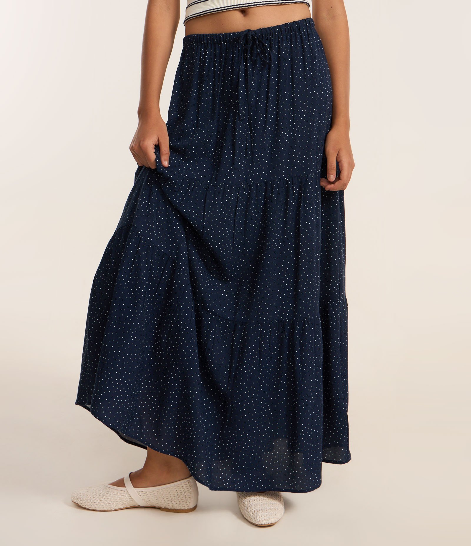 Saia New Midi em Chalis Poá com Elástico no Cós Azul Marinho 3