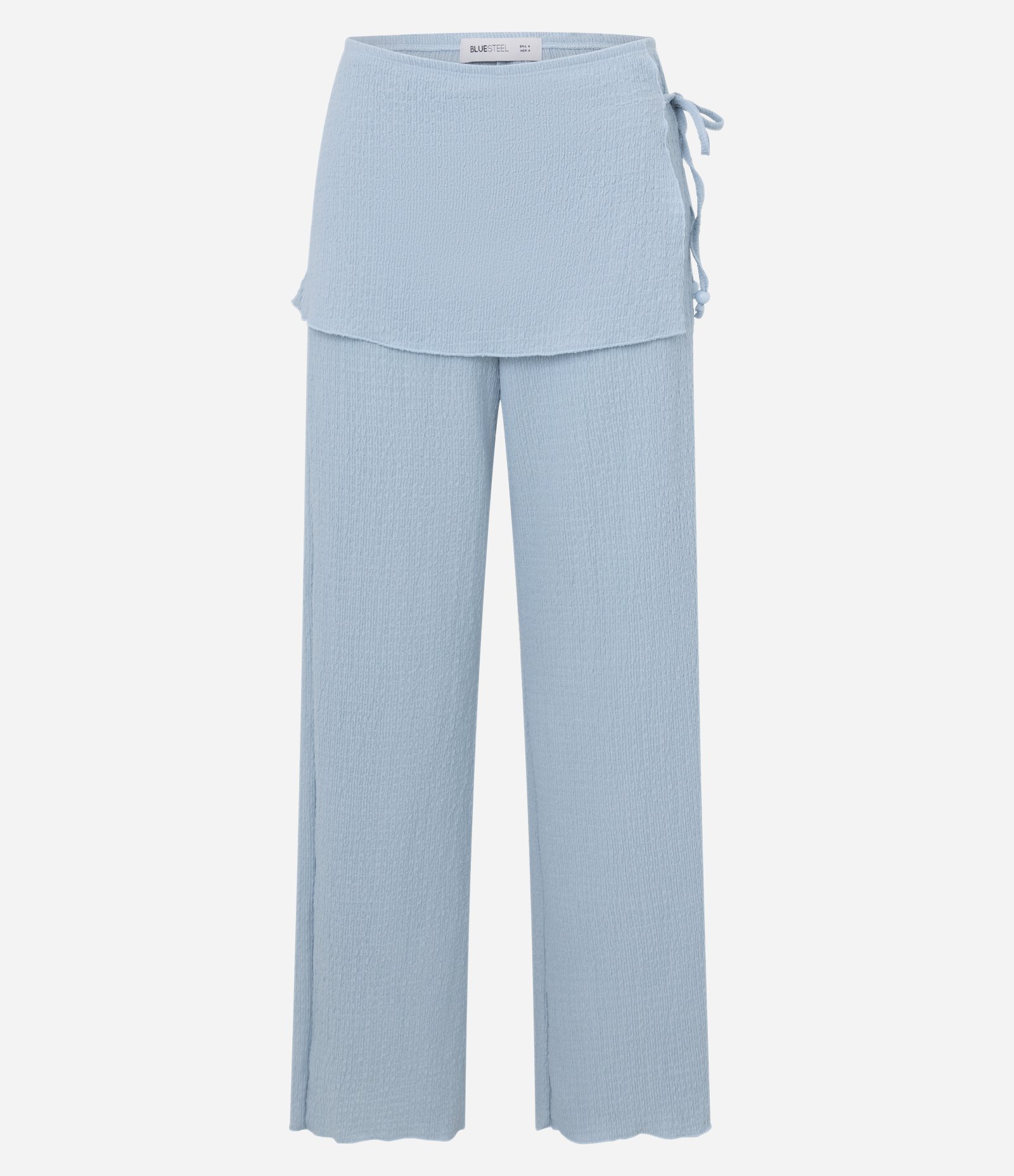 Calça Reta em Anarruga Cintura Alta com Pala Sobreposta e Amarração Azul 7