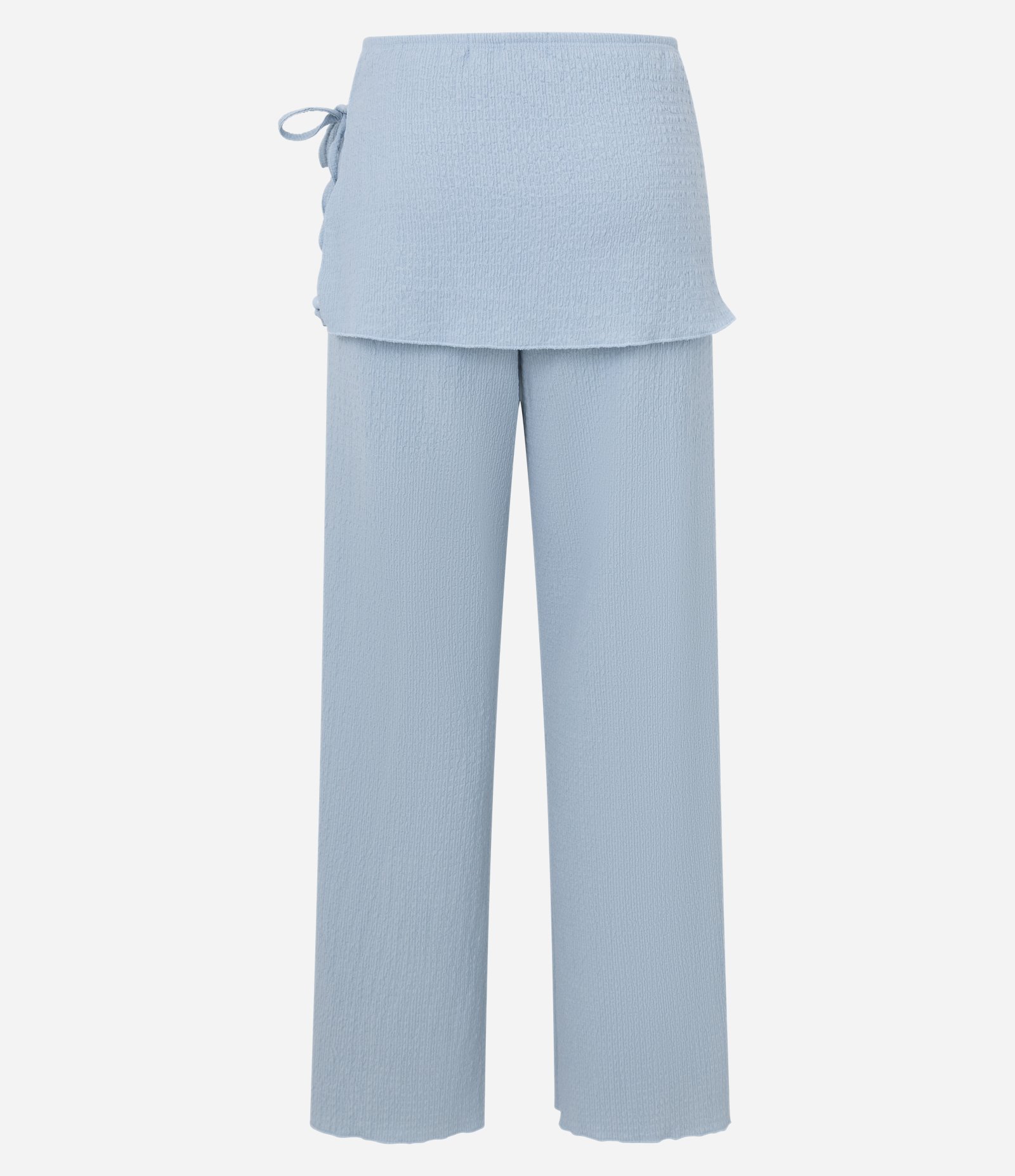 Calça Reta em Anarruga Cintura Alta com Pala Sobreposta e Amarração Azul 8