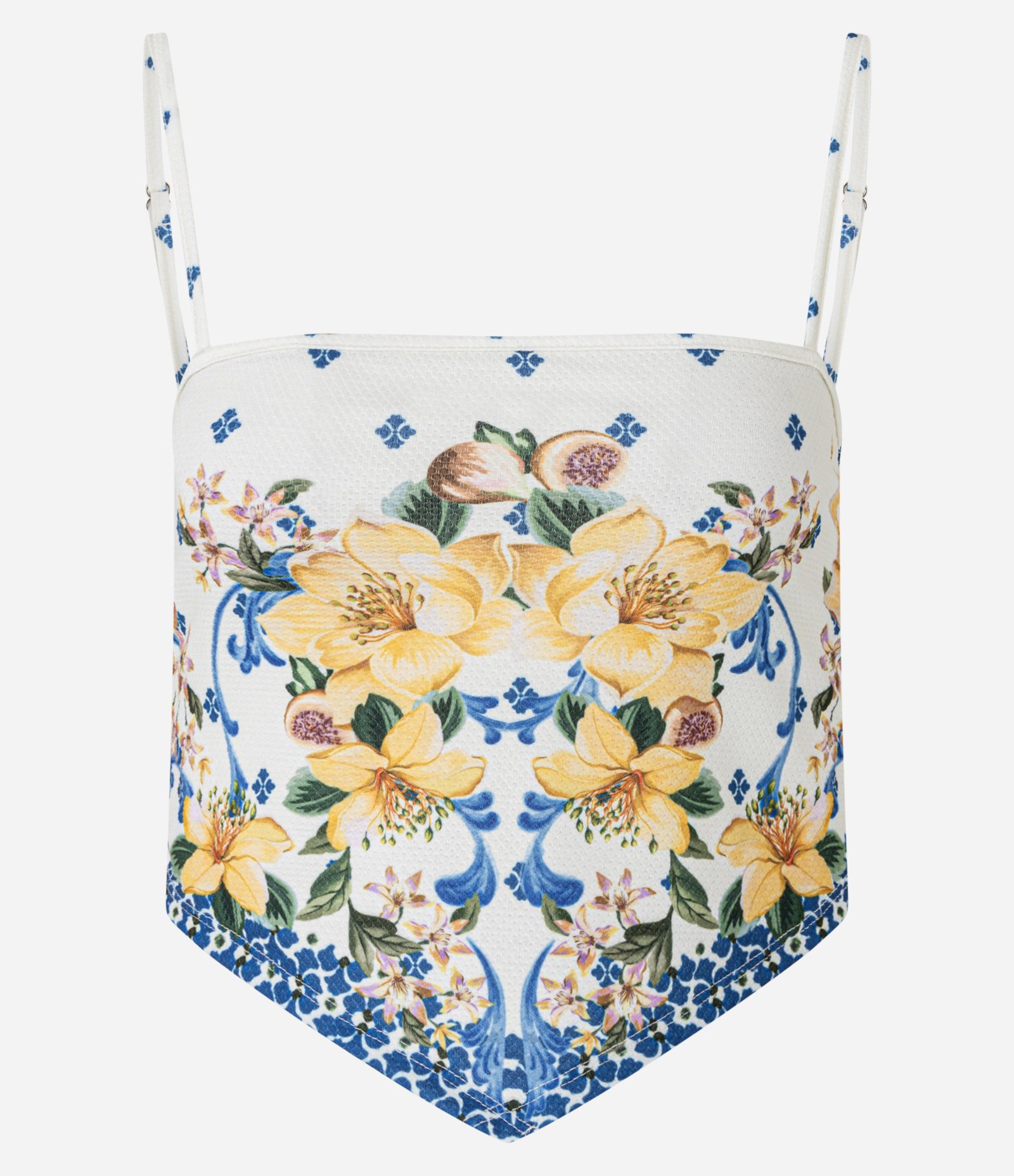 Blusa Curta com Alcinha Ajustável Textura e Estampa Floral Off White/Azul/Amarelo 1