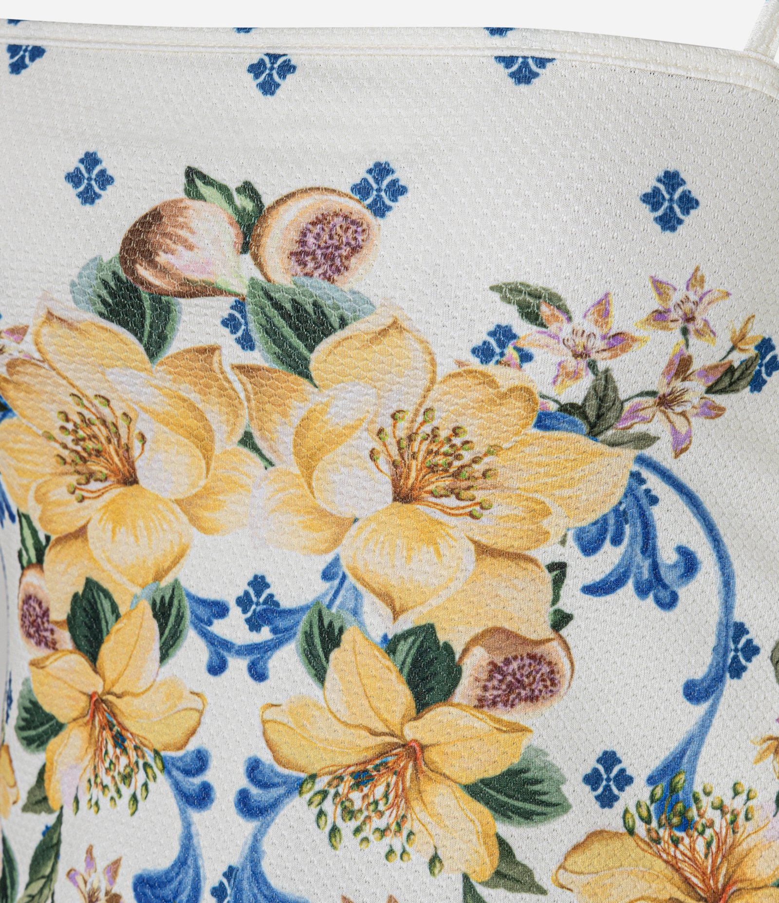 Blusa Curta com Alcinha Ajustável Textura e Estampa Floral Off White/Azul/Amarelo 3