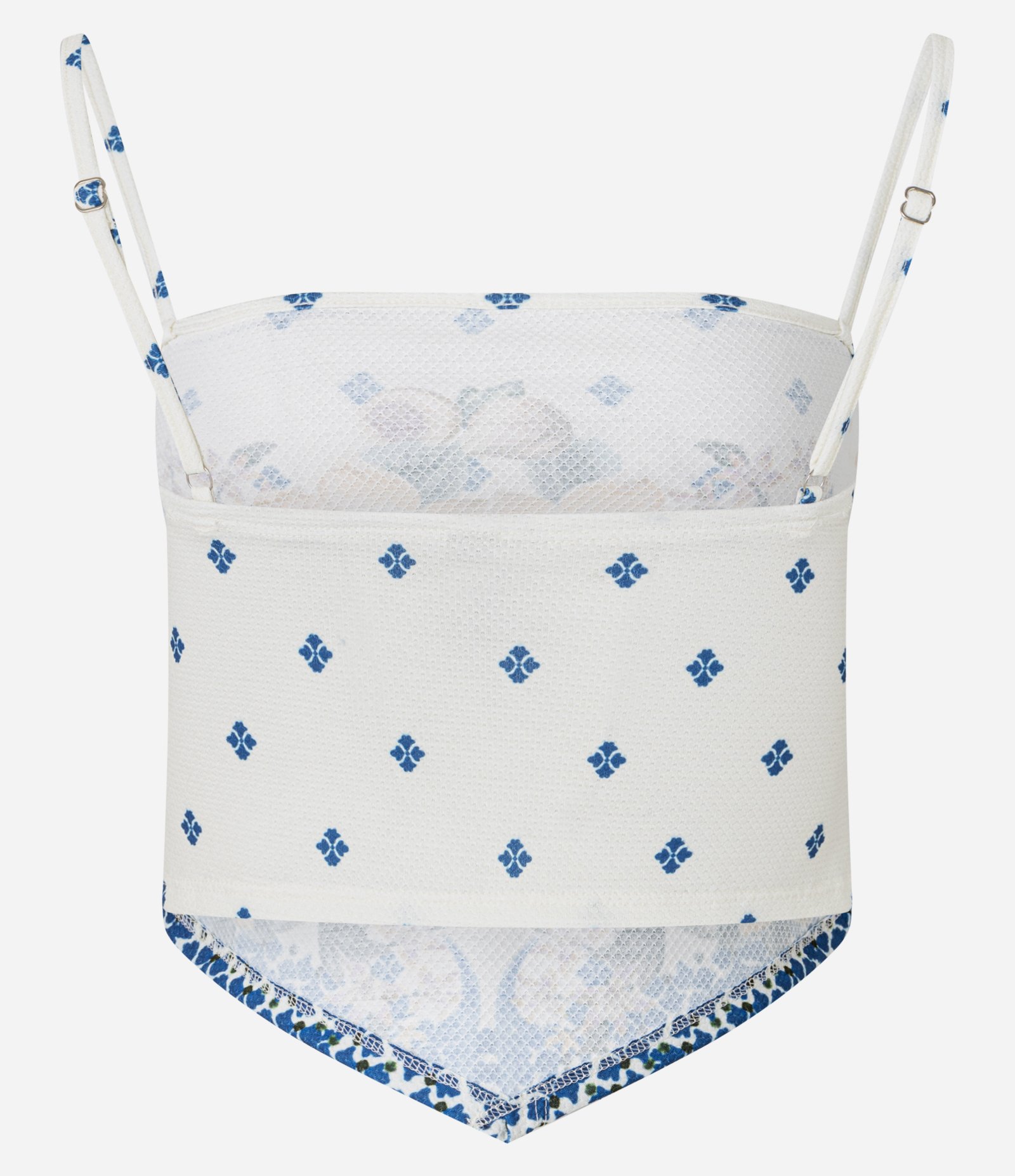 Blusa Curta com Alcinha Ajustável Textura e Estampa Floral Off White/Azul/Amarelo 4