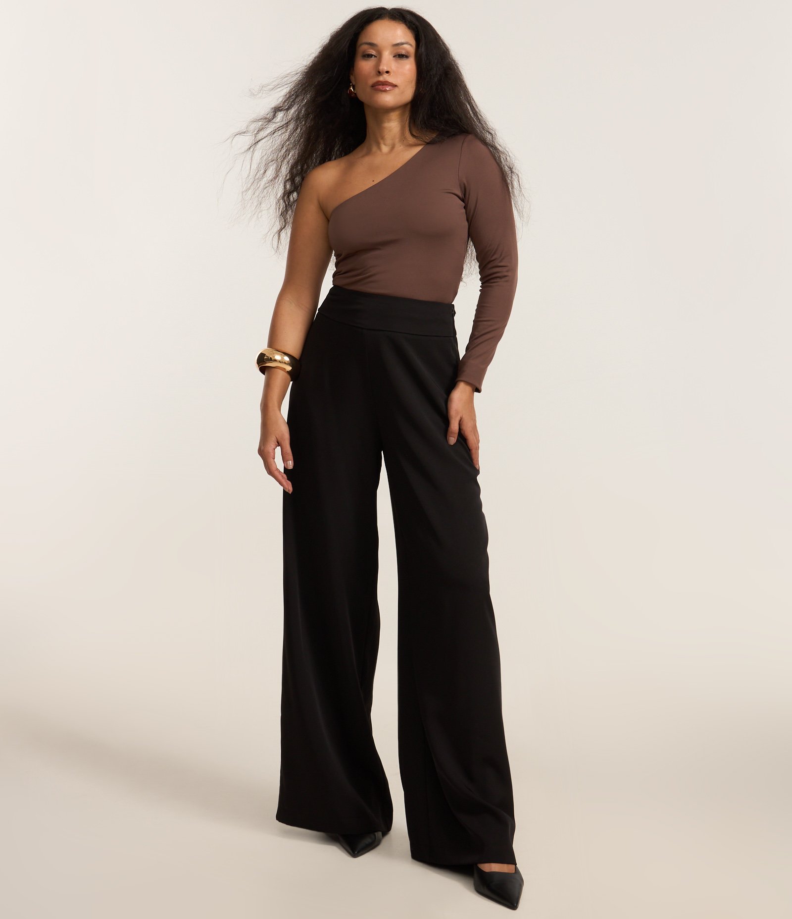 Blusa em Microfibra com Ombro Só e Manga Longa Marrom 2