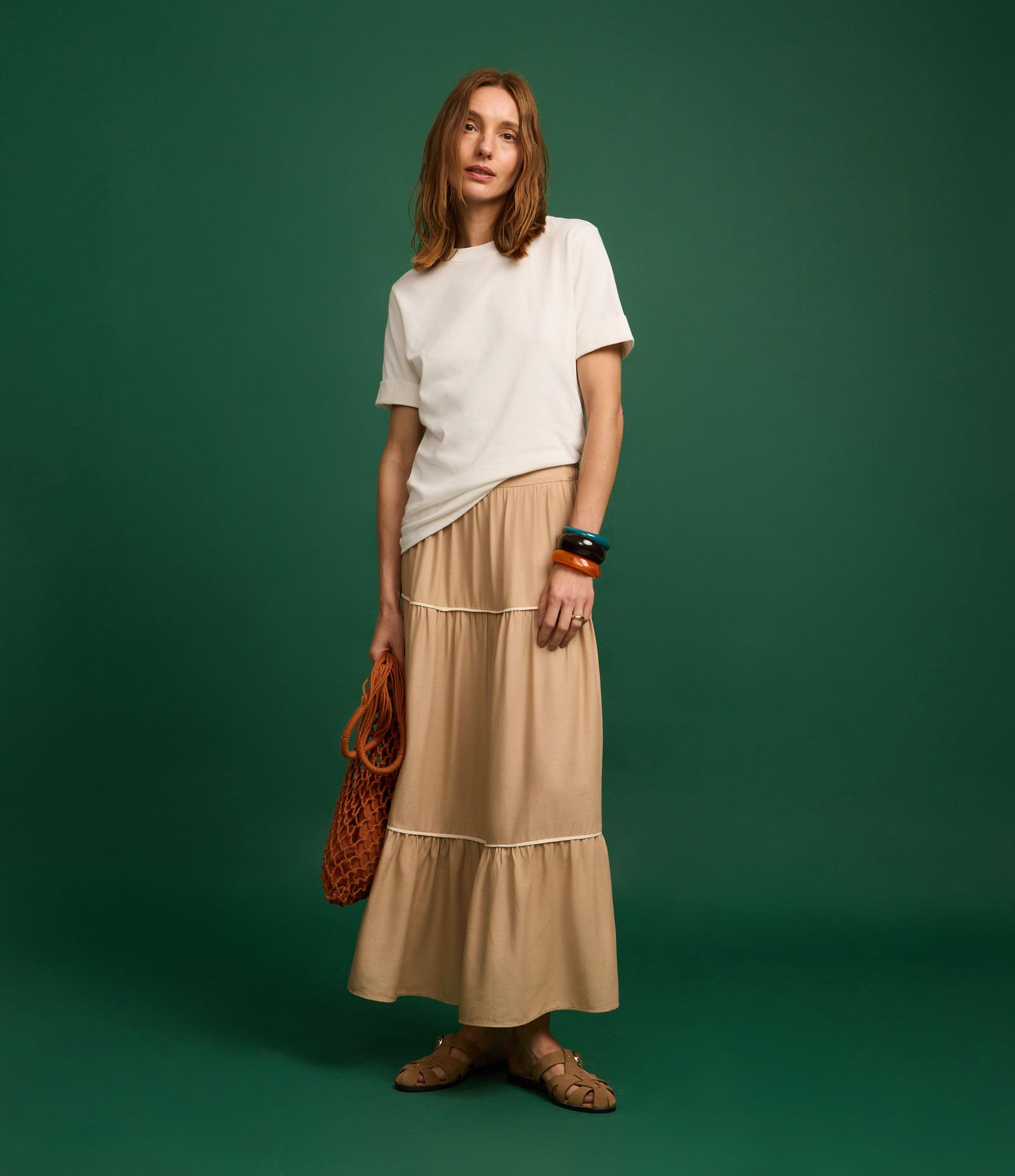 Saia Evasê em Viscolinho com Viés Contrastante Franzido Bege 5