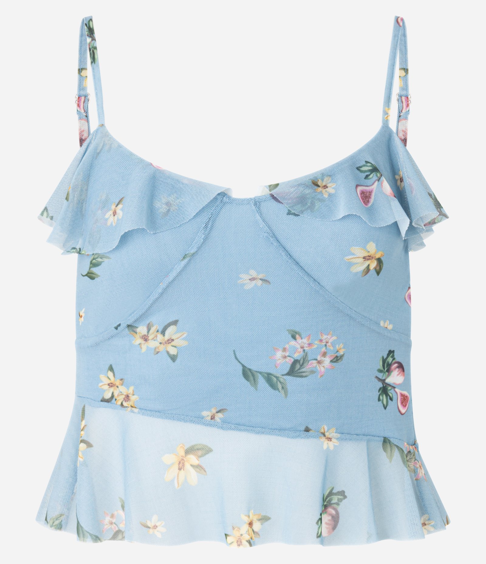 Blusa em Tule com Alça Fina e Estampa Floral Liberty com Babados Azul 6