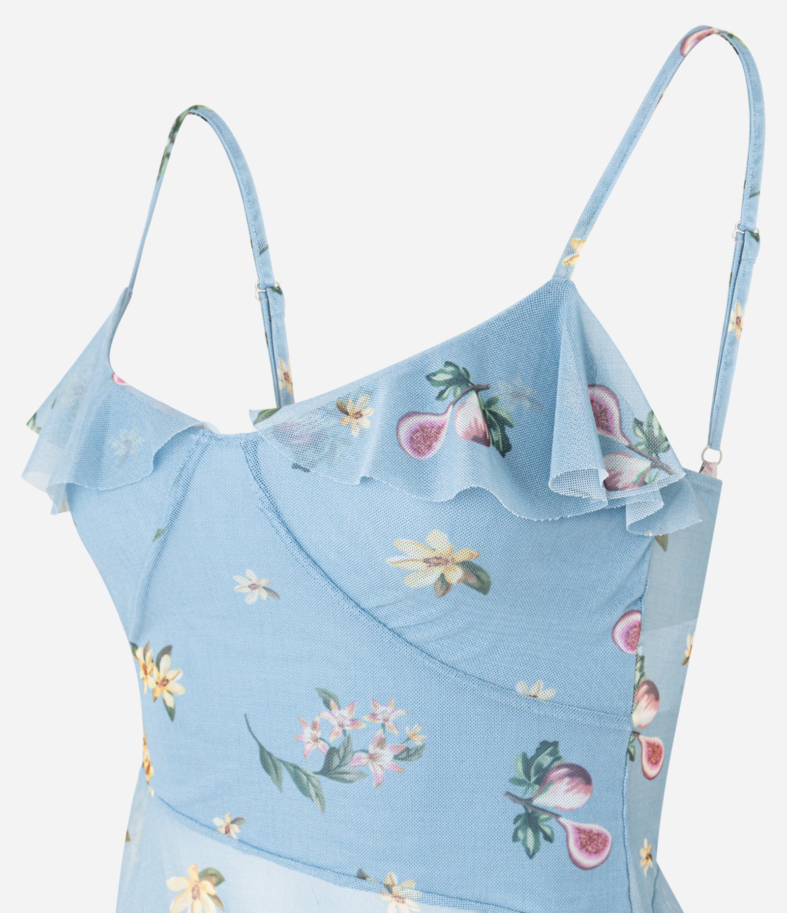 Blusa em Tule com Alça Fina e Estampa Floral Liberty com Babados Azul 7