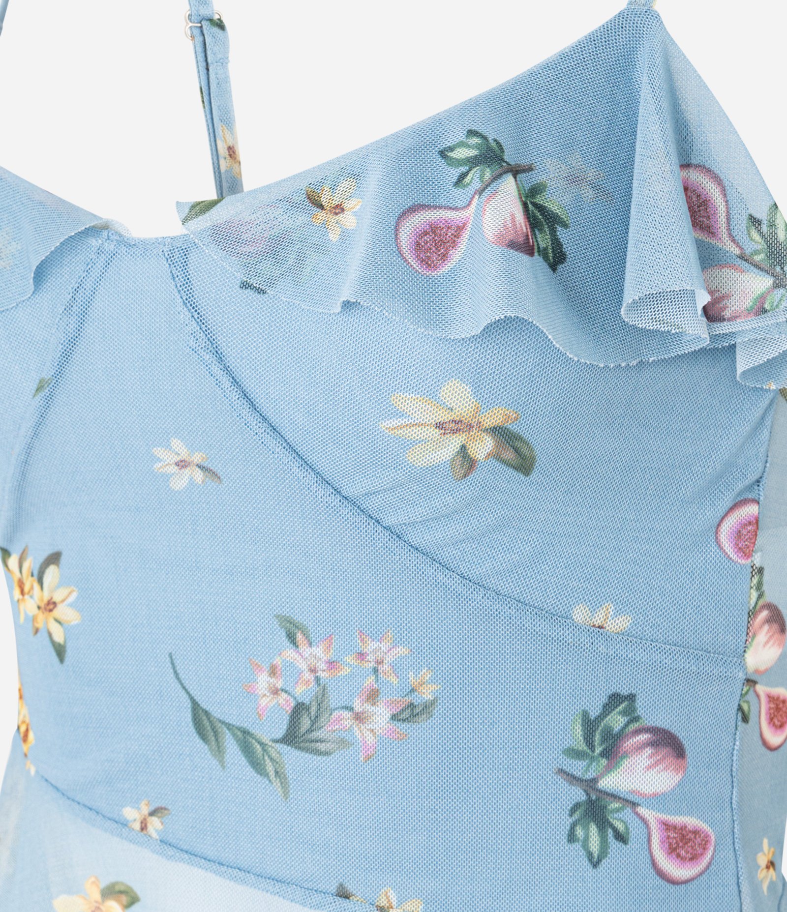 Blusa em Tule com Alça Fina e Estampa Floral Liberty com Babados Azul 8