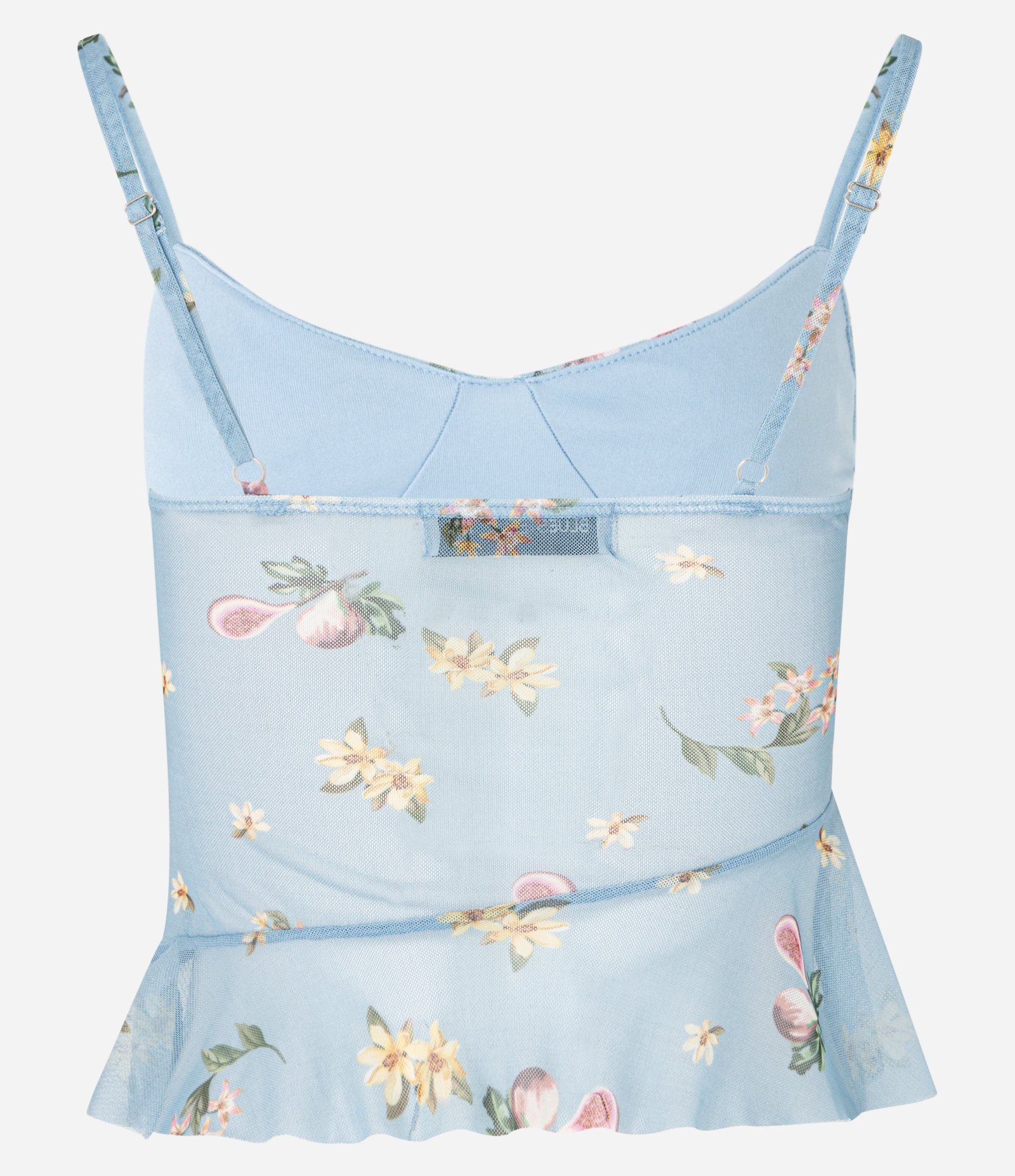 Blusa em Tule com Alça Fina e Estampa Floral Liberty com Babados Azul 9