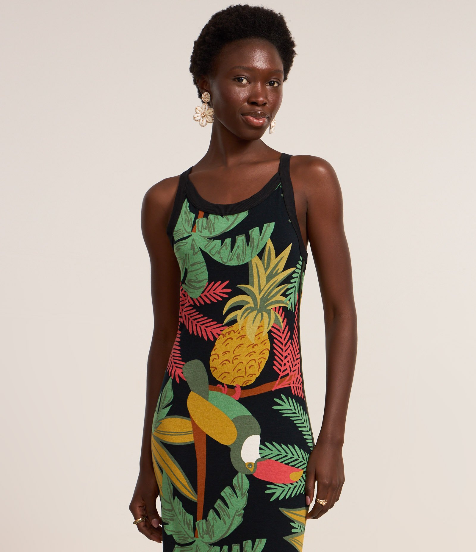 Vestido Midi em Viscose com Estampa Tropical Preto 2