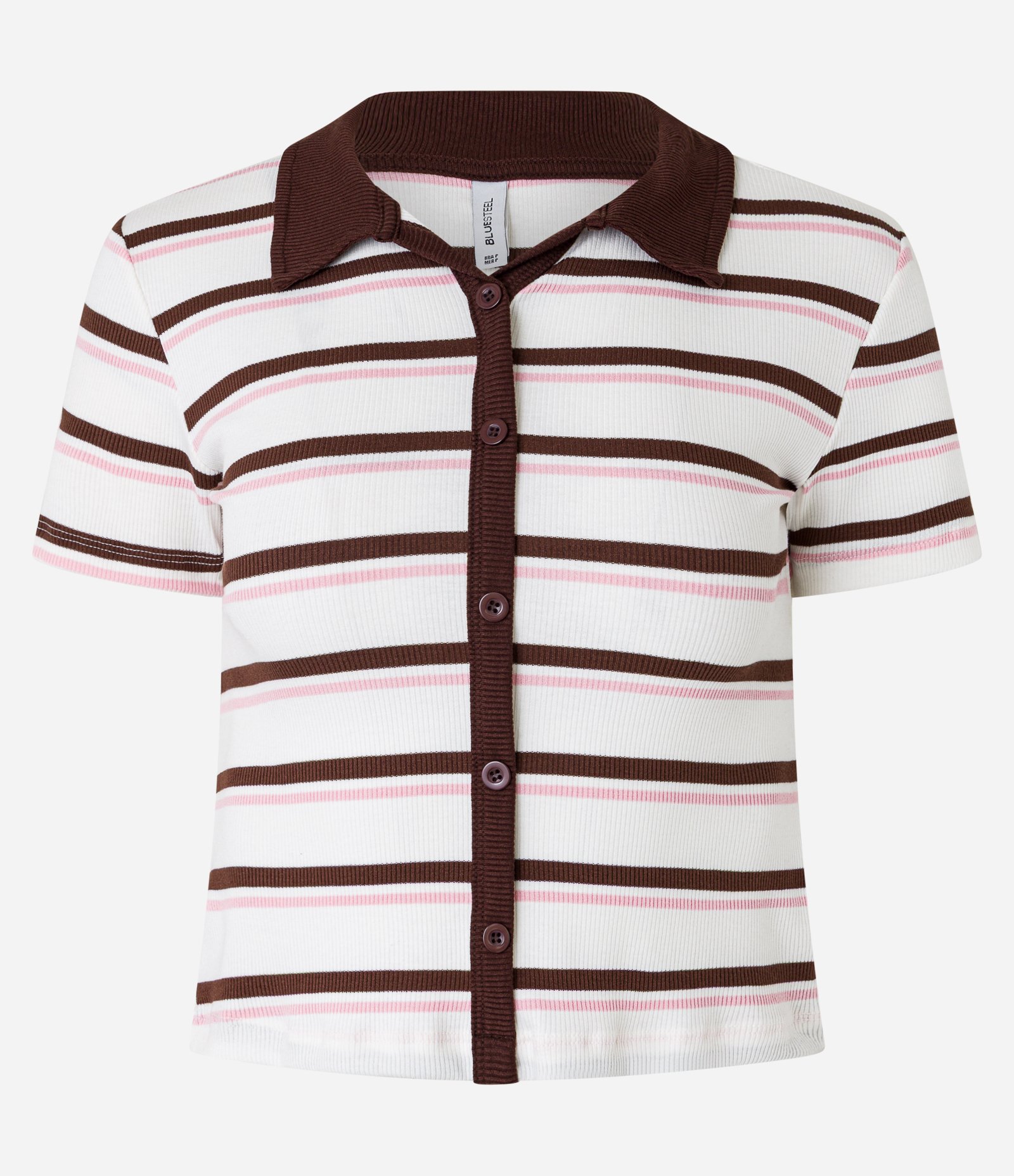 Blusa Polo em Ribana com Abotoamento Frontal e Listras Contrastantes Branco/Marrom/Rosa 4