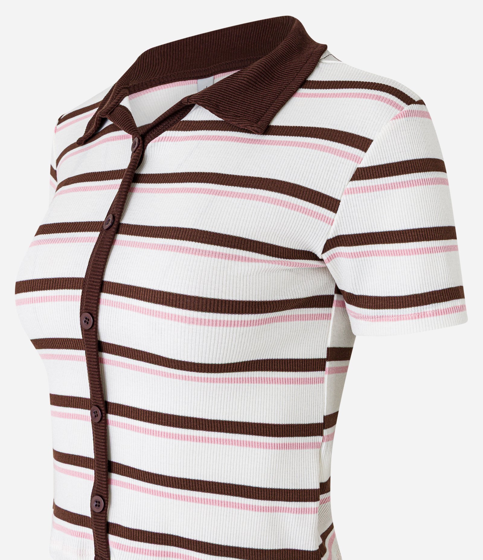Blusa Polo em Ribana com Abotoamento Frontal e Listras Contrastantes Branco/Marrom/Rosa 5