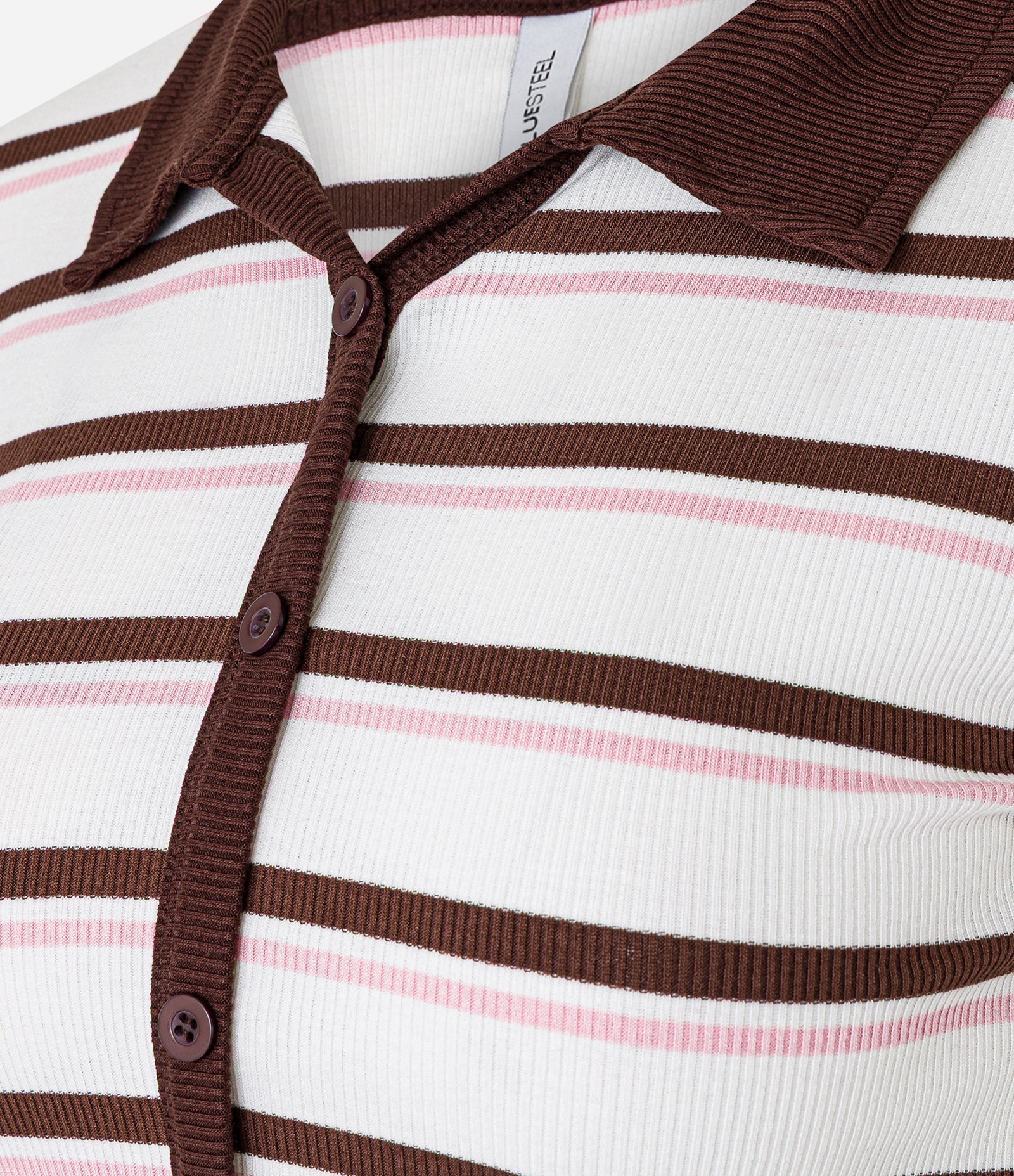 Blusa Polo em Ribana com Abotoamento Frontal e Listras Contrastantes Branco/Marrom/Rosa 6