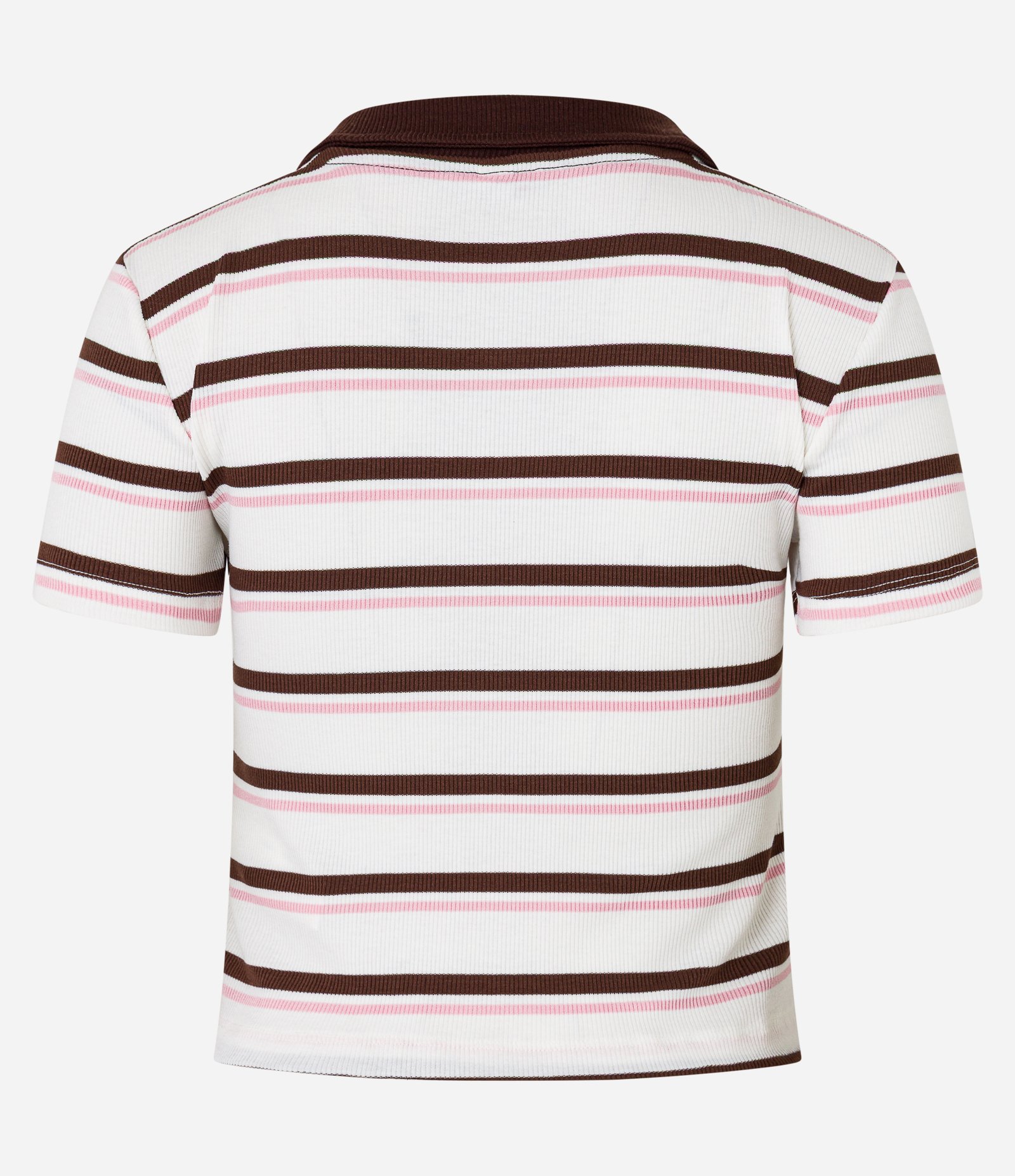 Blusa Polo em Ribana com Abotoamento Frontal e Listras Contrastantes Branco/Marrom/Rosa 7