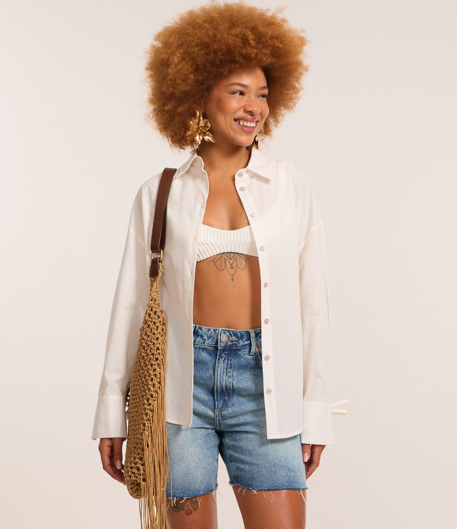 Camisa Alongada em Tricoline com Pala nas Costas Branco 1