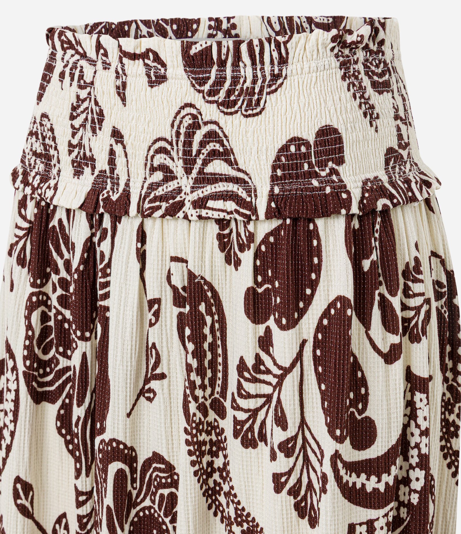 Saia Long Midi Texturizada com Estampa Caju Bicolor e Cós de Lastex Off White 7