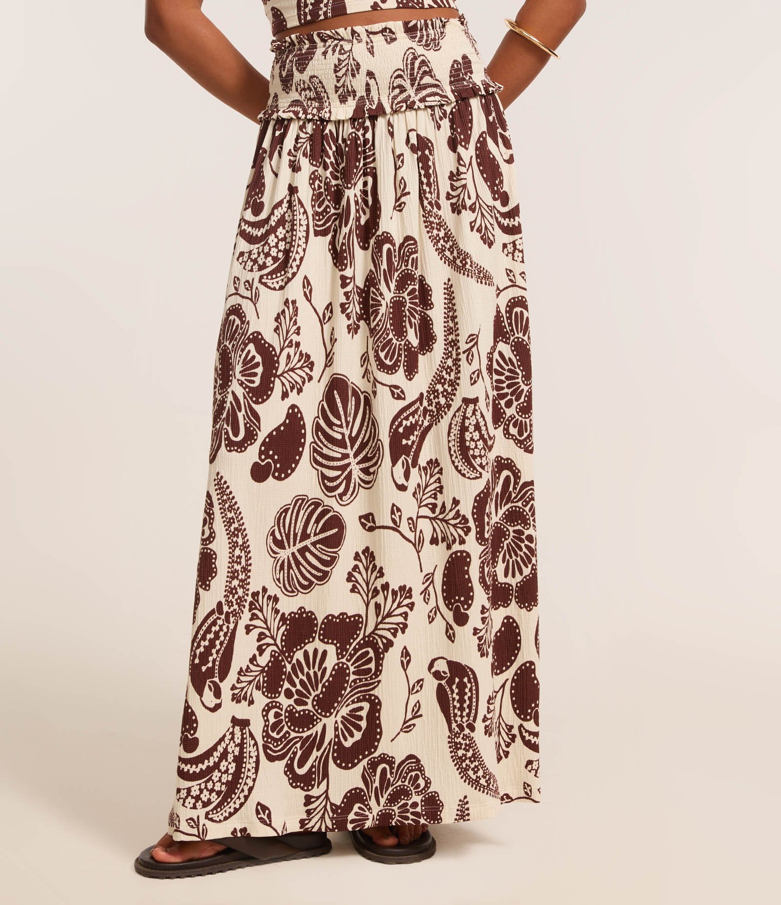 Saia Long Midi Texturizada com Estampa Caju Bicolor e Cós de Lastex Off White 3