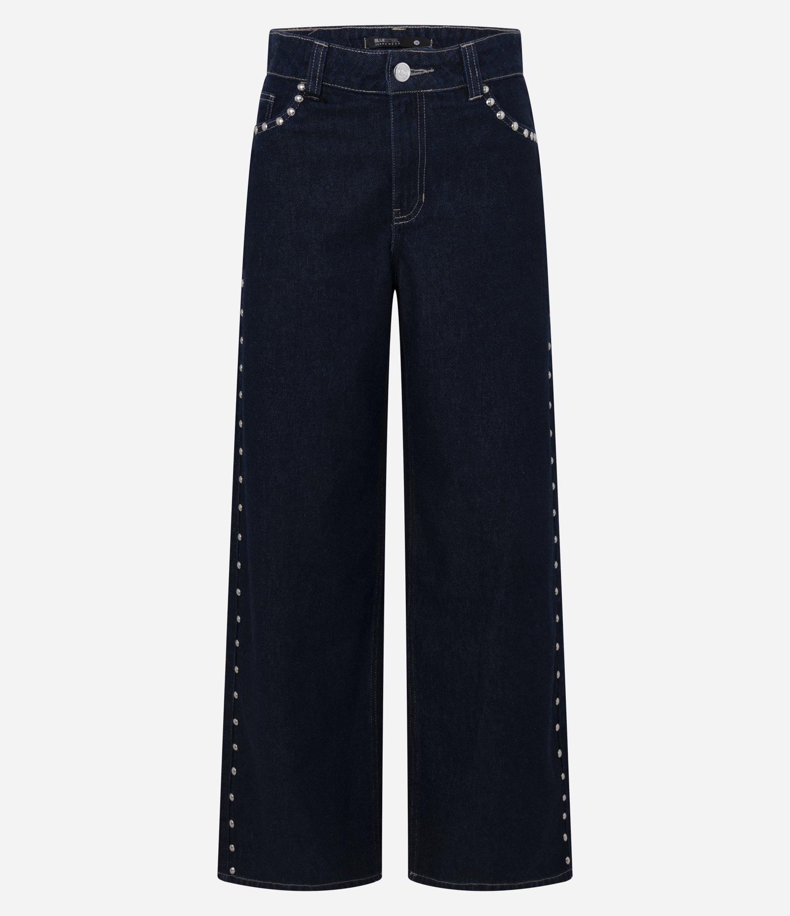 Calça Loose Cintura Baixa em Jeans com Tachas Azul Marinho 2