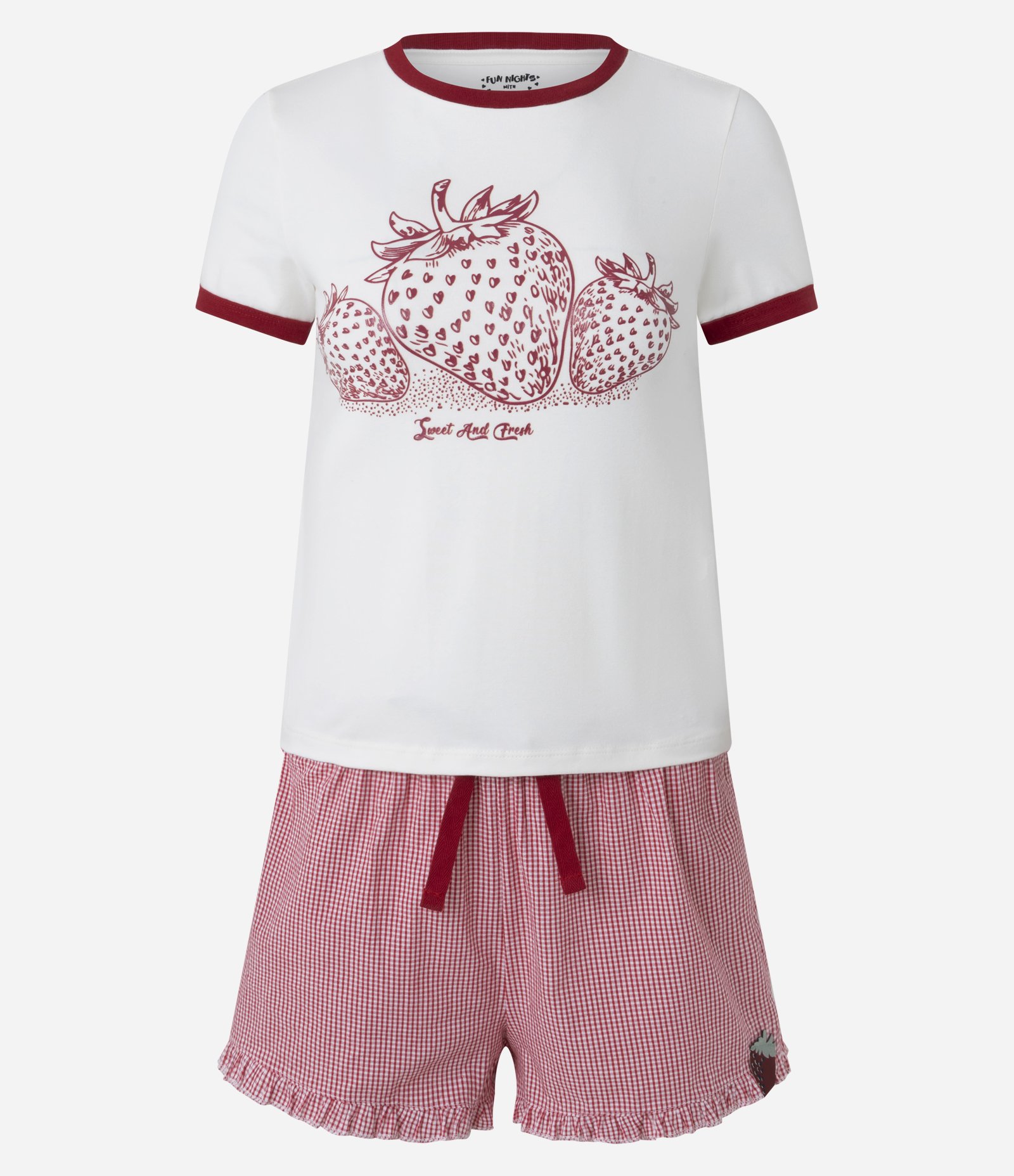 Pijama Short Doll em Algodão com Estampa de Morango e Short Xadrez Branco/Vermelho 3