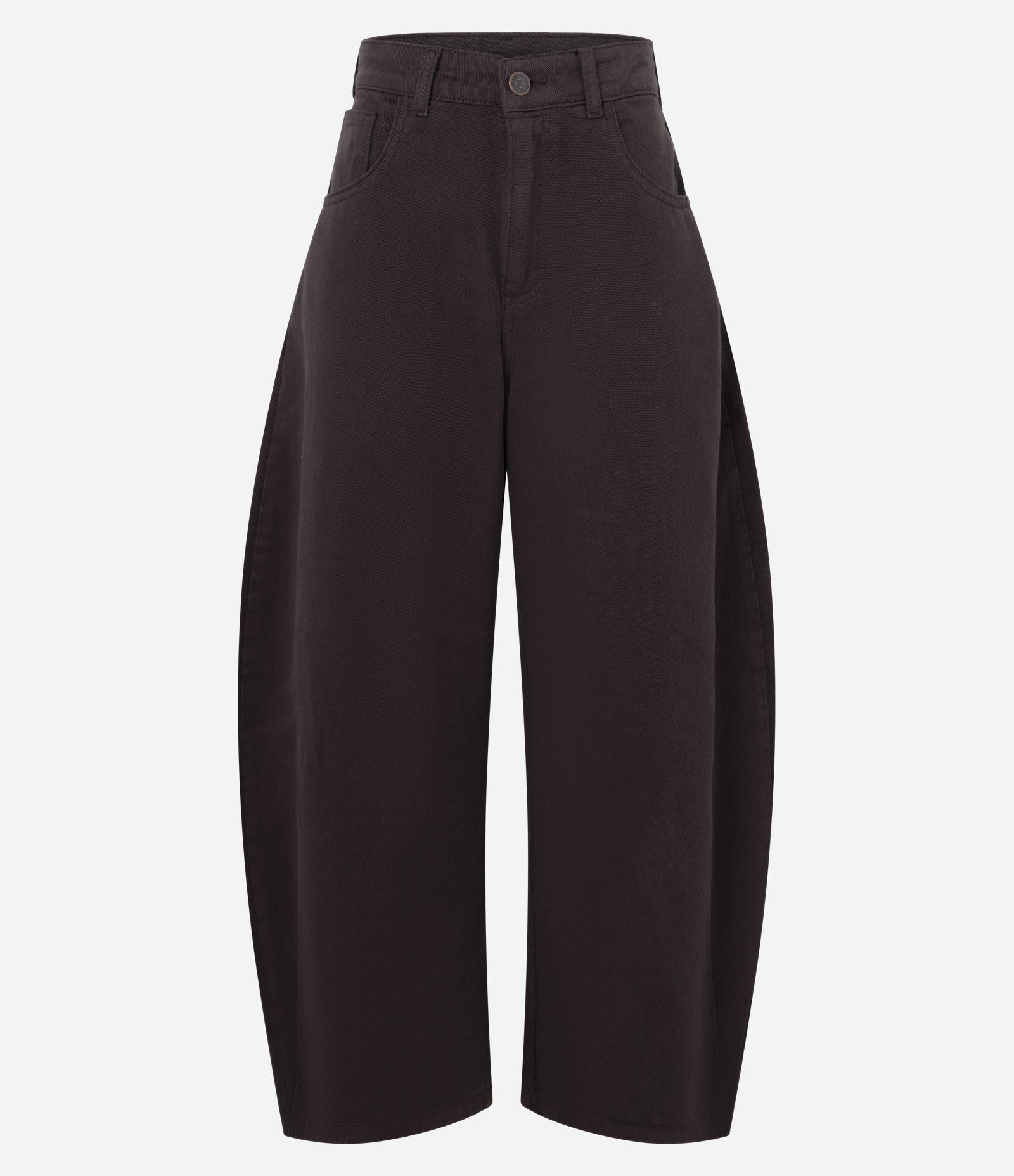 Calça Barrel Cintura Alta em Sarja com Bolsos Marrom Café 5