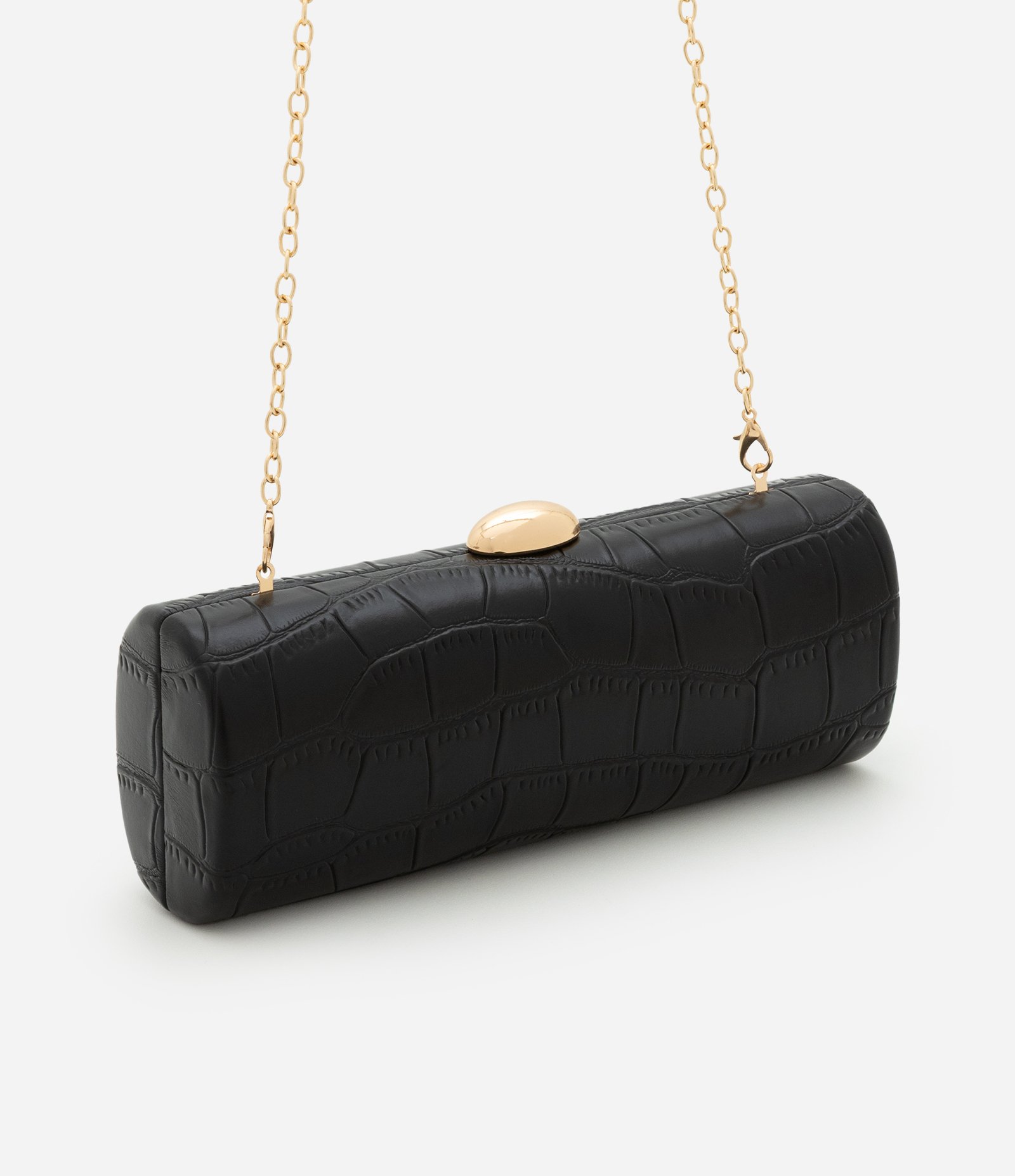 Bolsa Baguete em PU com Textura Croco e Alça Corrente Preto 2