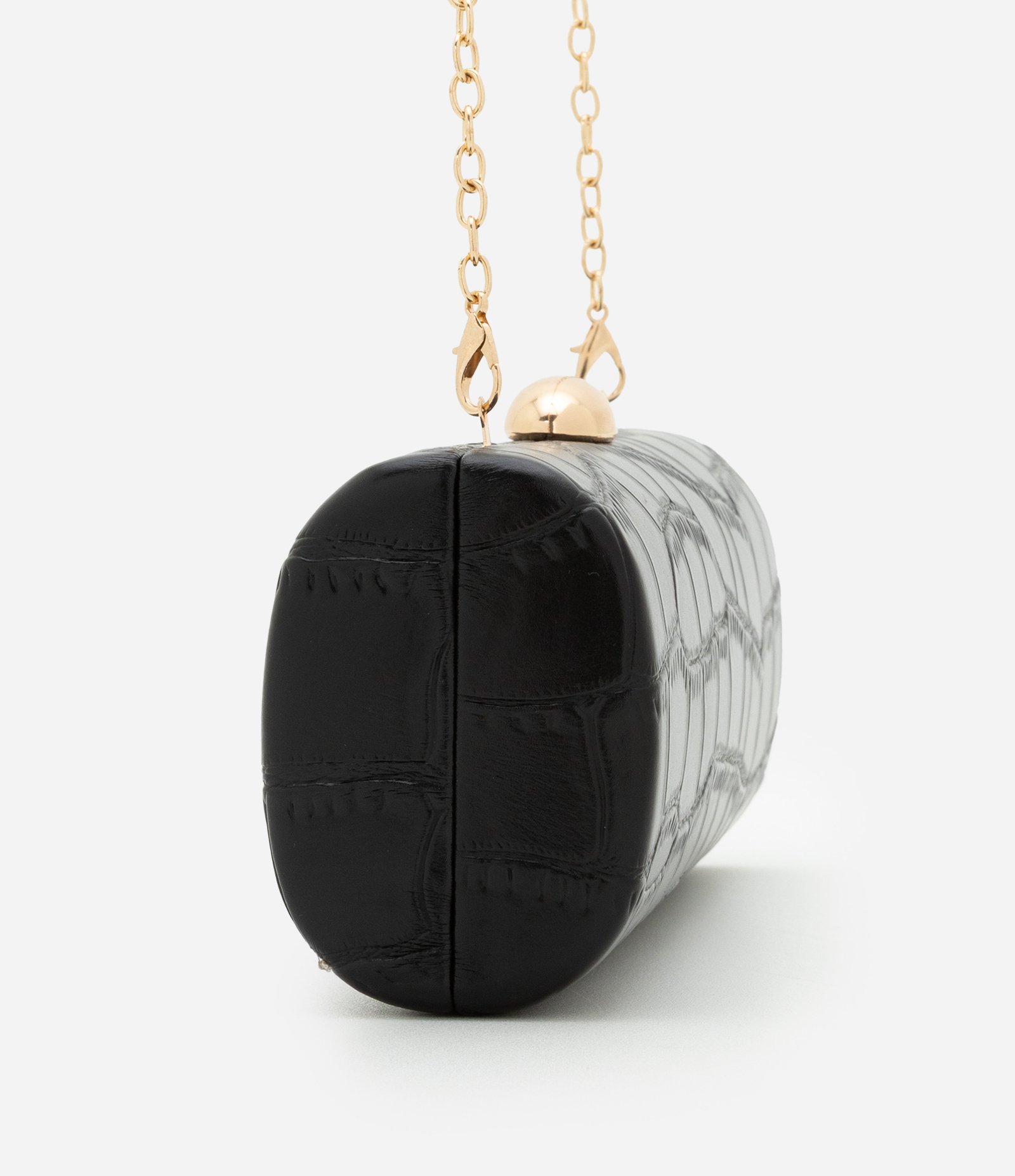 Bolsa Baguete em PU com Textura Croco e Alça Corrente Preto 3