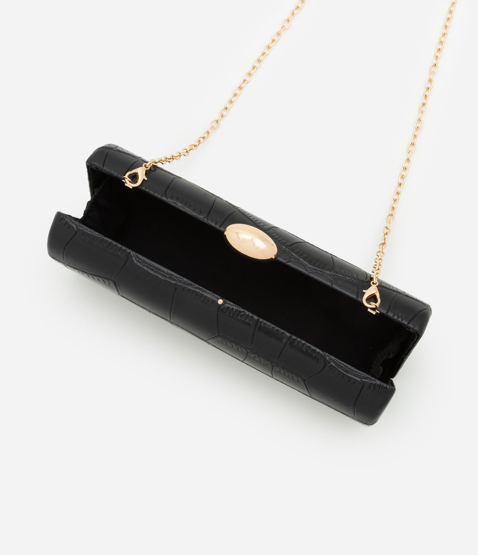 Bolsa Baguete em PU com Textura Croco e Alça Corrente Preto 6
