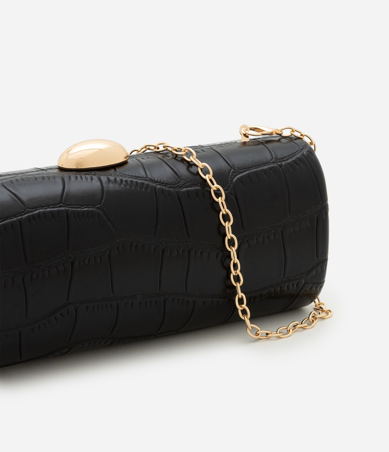 Bolsa Baguete em PU com Textura Croco e Alça Corrente Preto 8