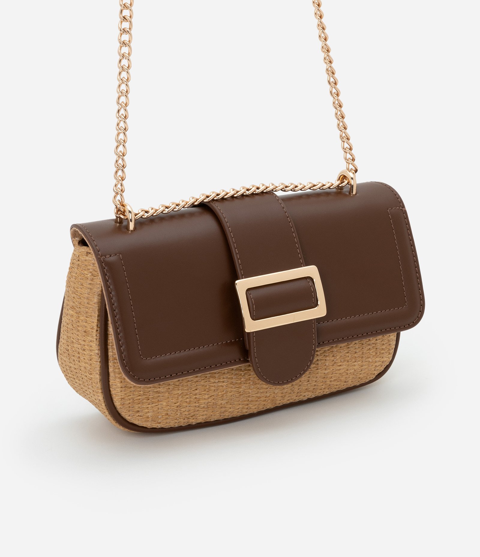 Bolsa Shoulder com Efeito Palha e Corrente na Alça Ajustável Bege 1