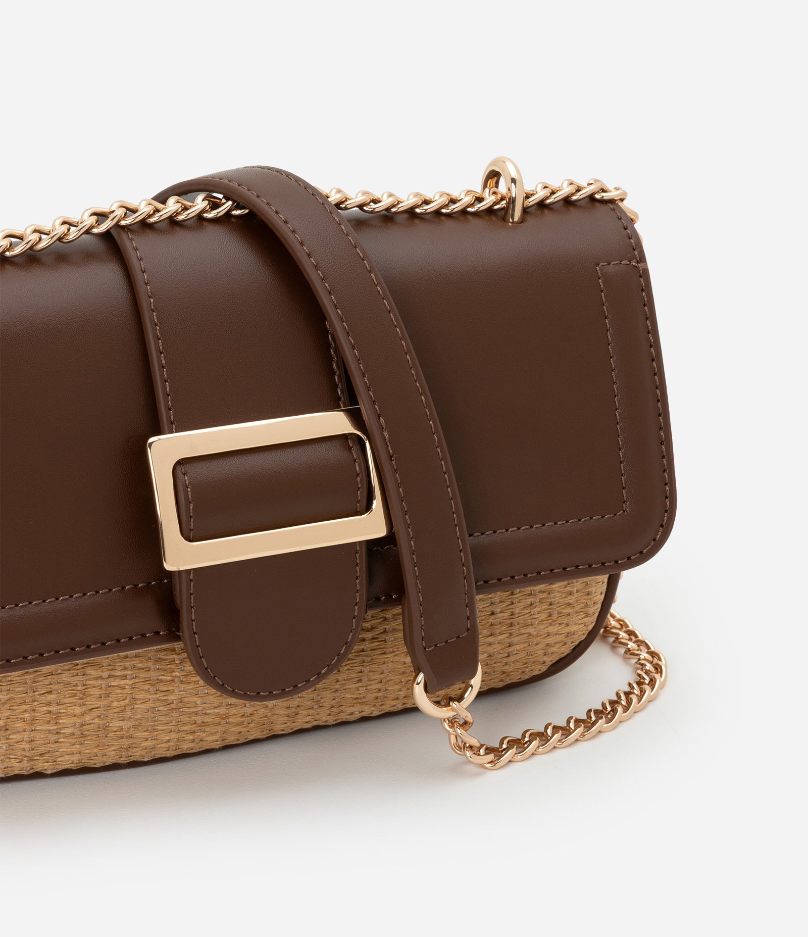 Bolsa Shoulder com Efeito Palha e Corrente na Alça Ajustável Bege 6