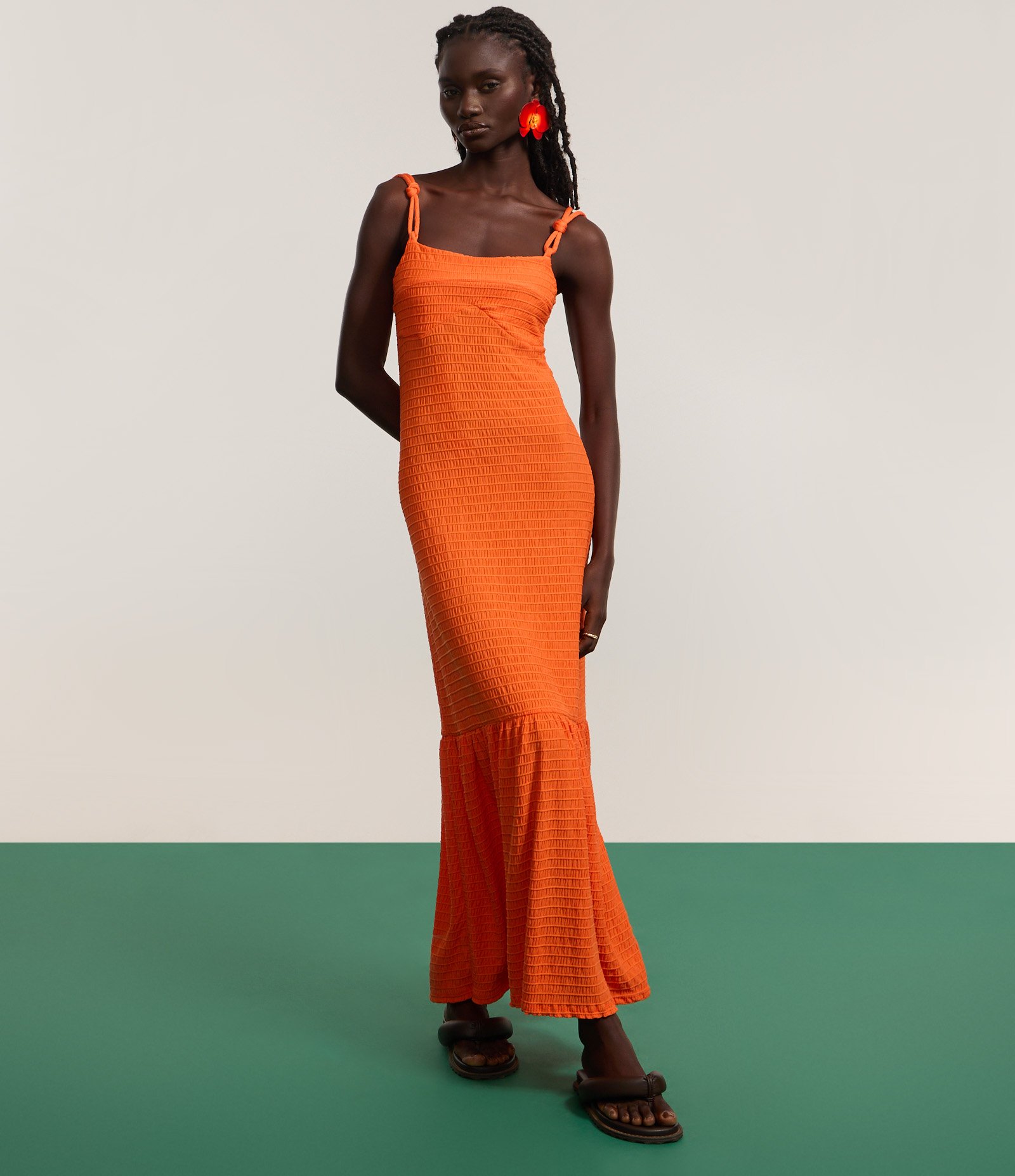 Vestido Evasê Longo em Poliamida Texturizada Laranja 5