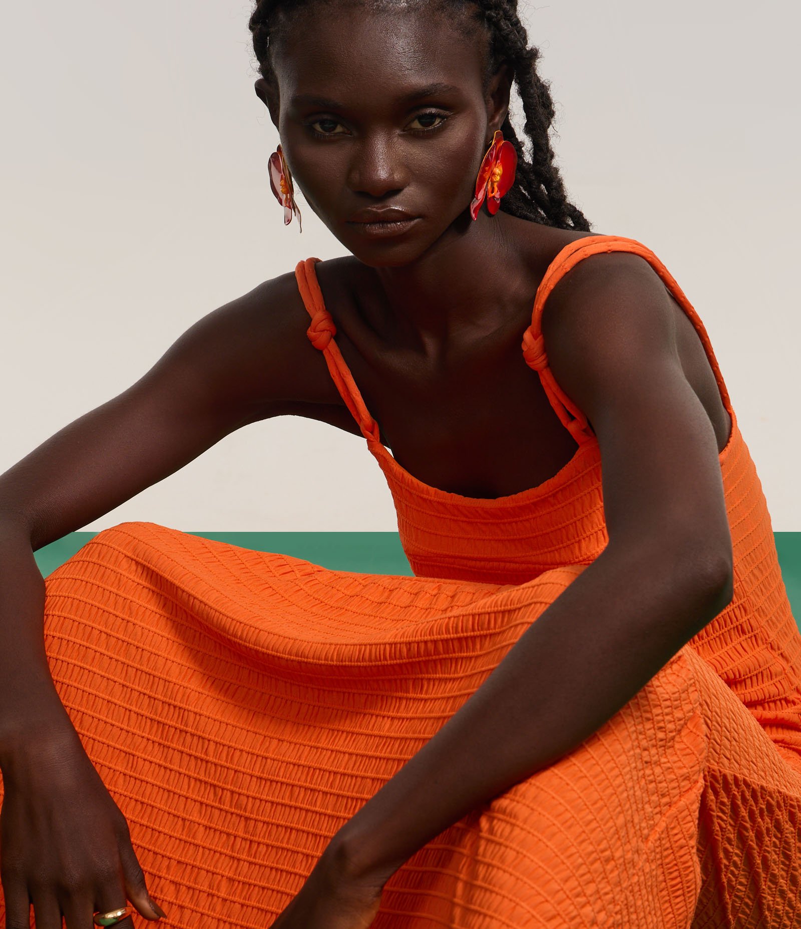 Vestido Evasê Longo em Poliamida Texturizada Laranja 6