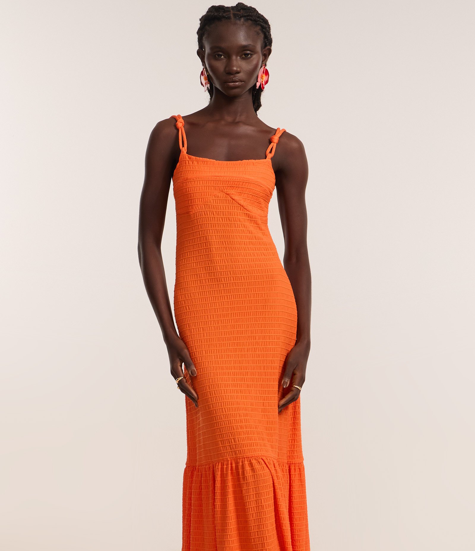 Vestido Evasê Longo em Poliamida Texturizada Laranja 2
