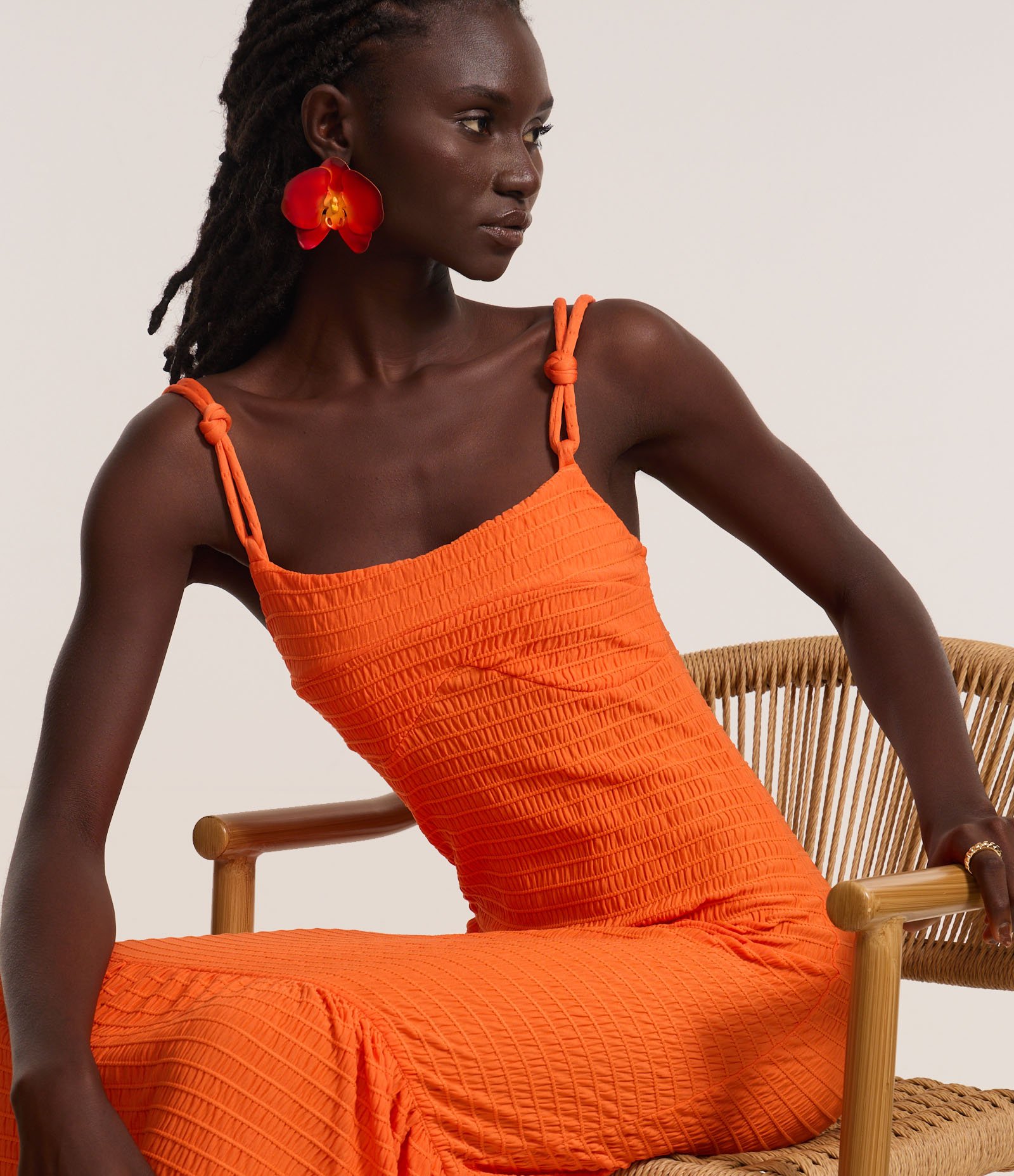 Vestido Evasê Longo em Poliamida Texturizada Laranja 3