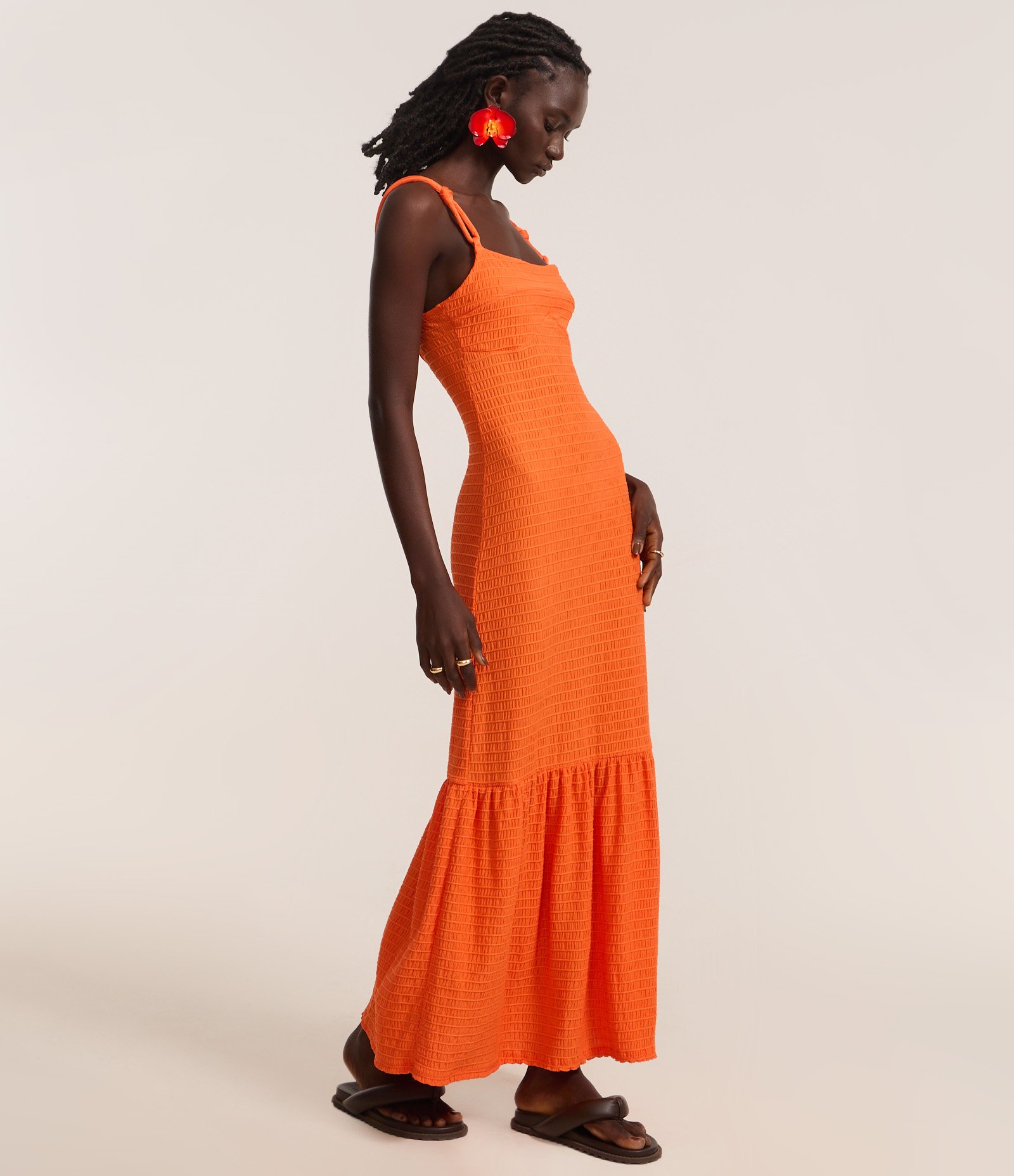 Vestido Evasê Longo em Poliamida Texturizada Laranja 4