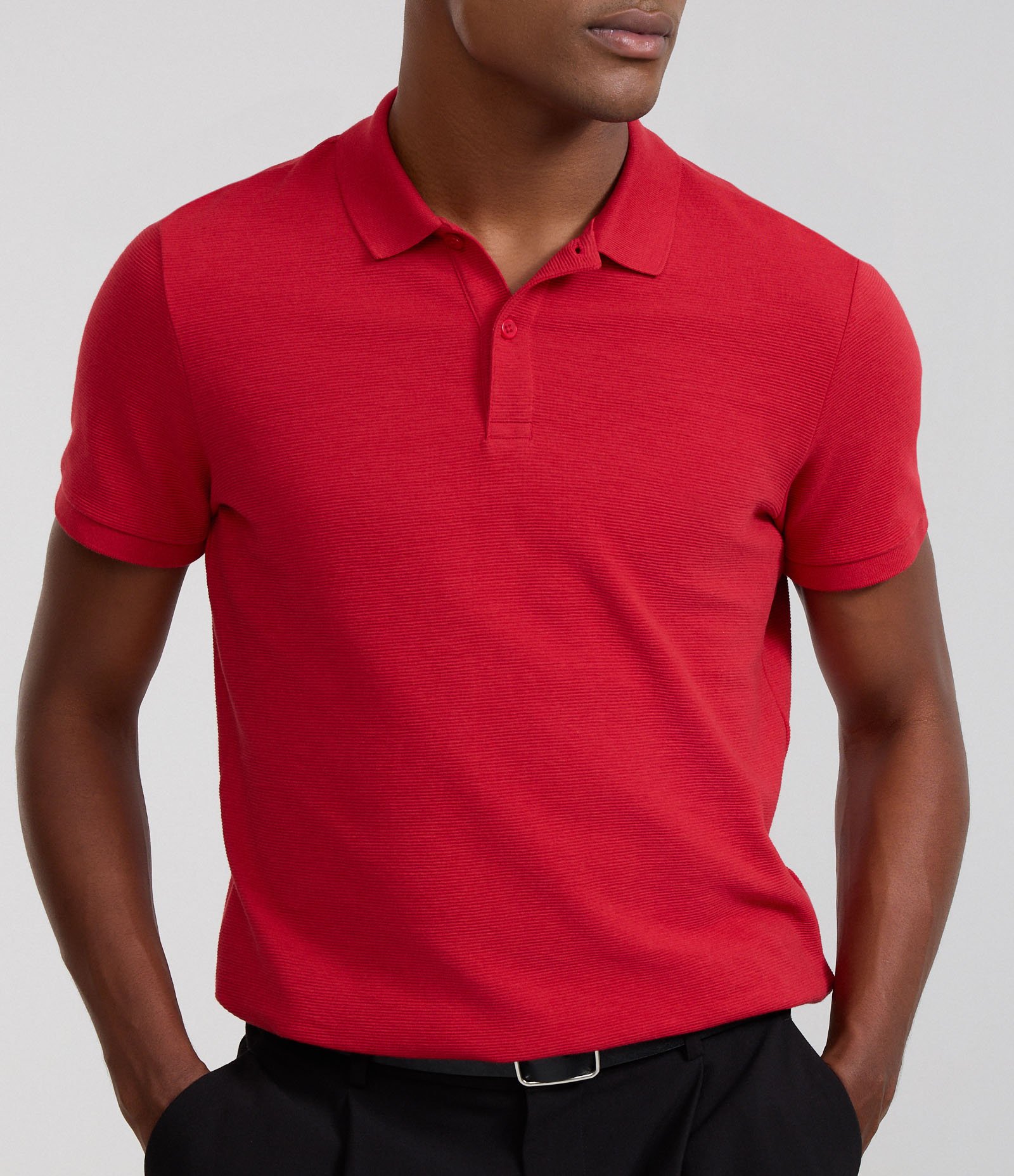 Camisa Polo Slim com Botões e Textura Canelada Vermelho 3