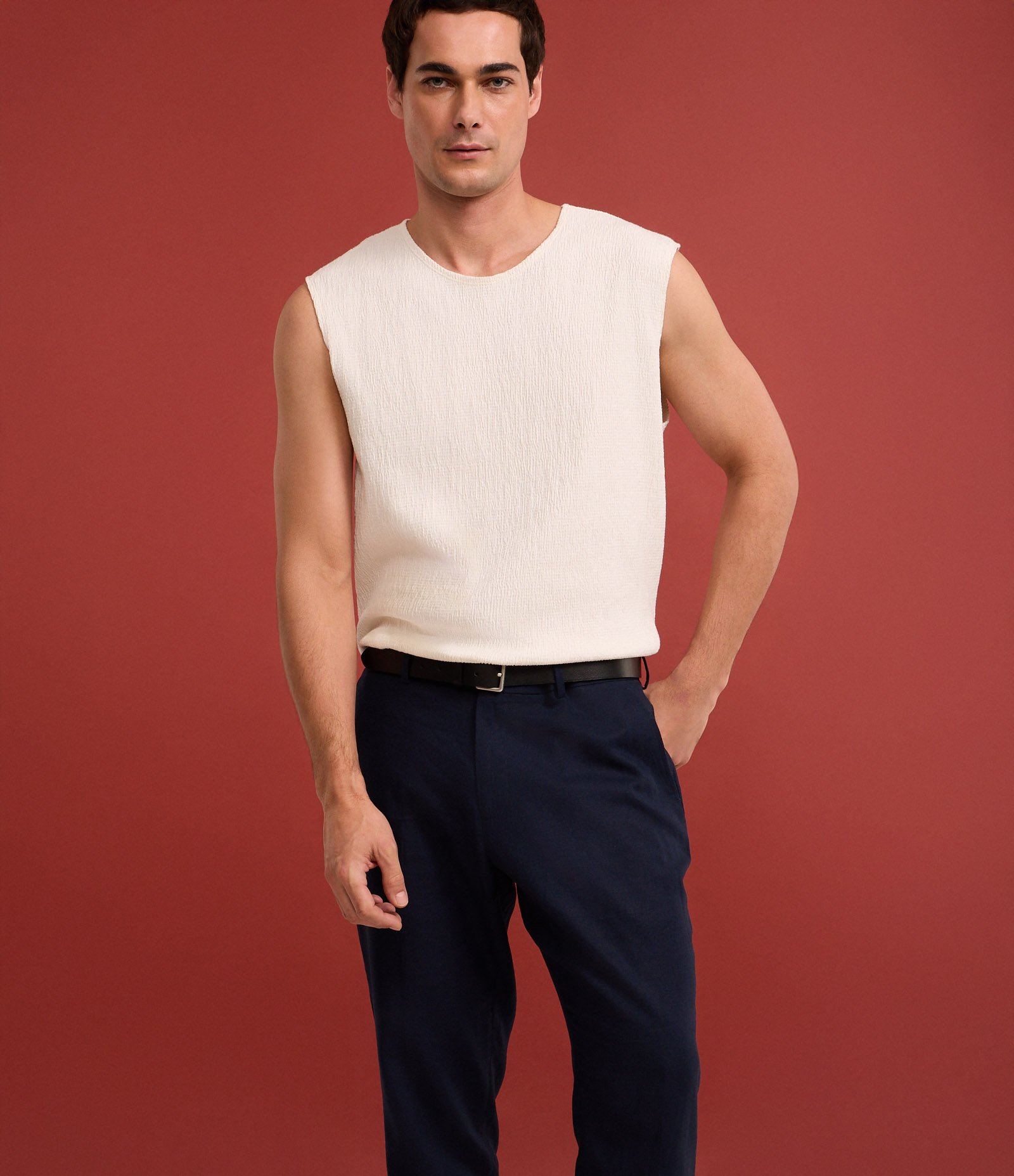 Regata Regular em Tricô com Textura Branco 1