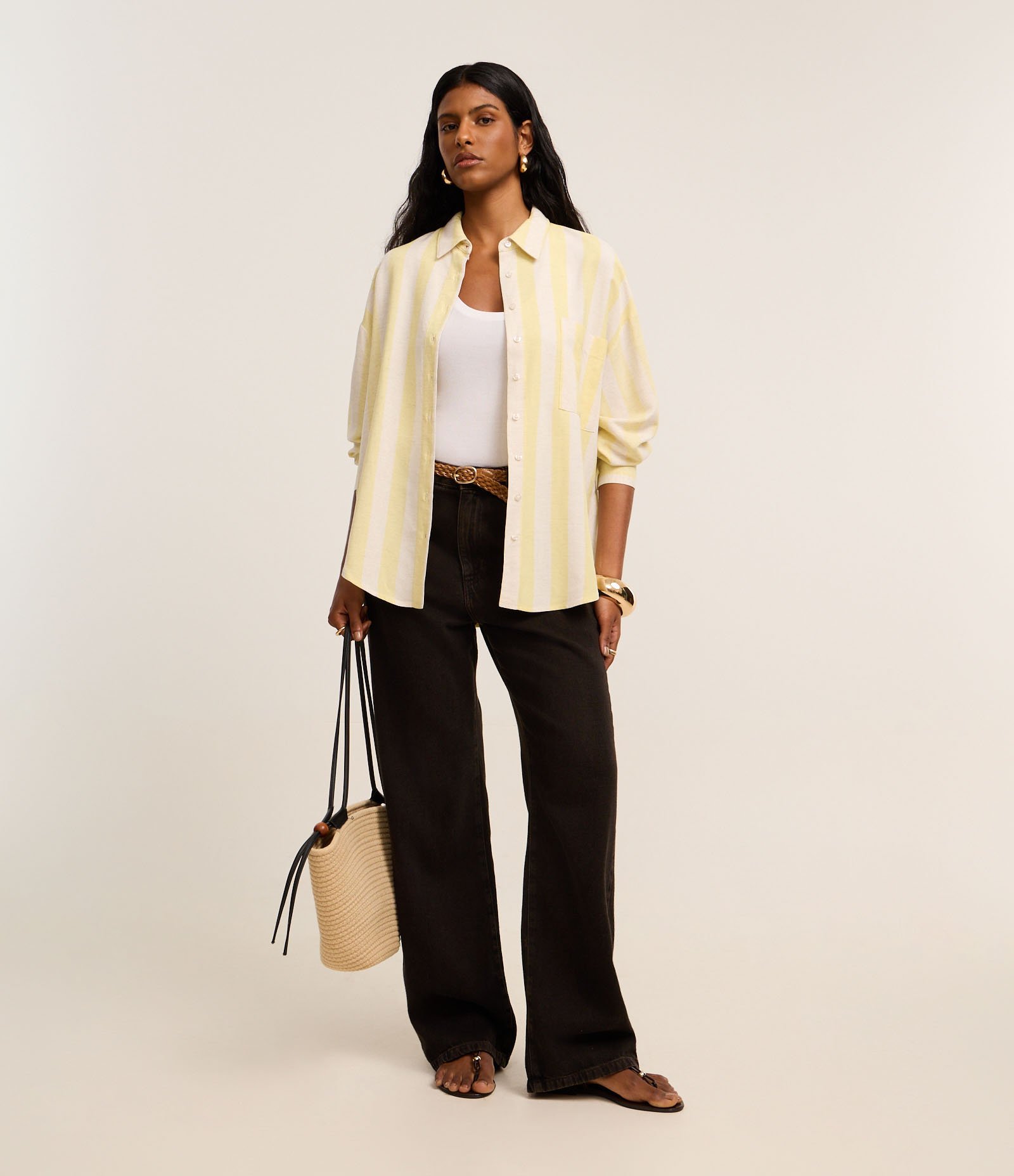 Camisa Ampla em Viscolinho com Listras Largas Amarelo/Branco 2