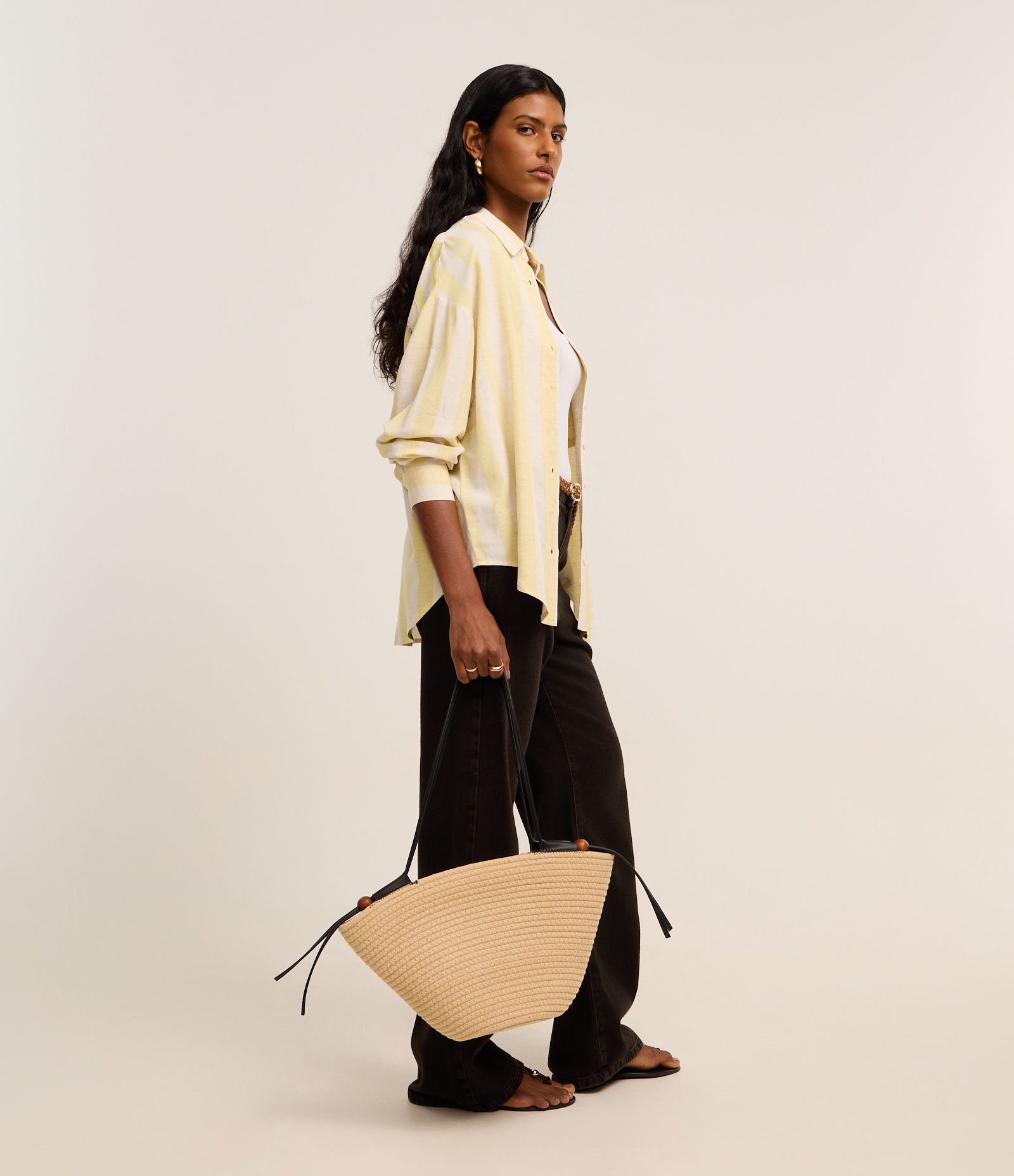 Camisa Ampla em Viscolinho com Listras Largas Amarelo/Branco 4