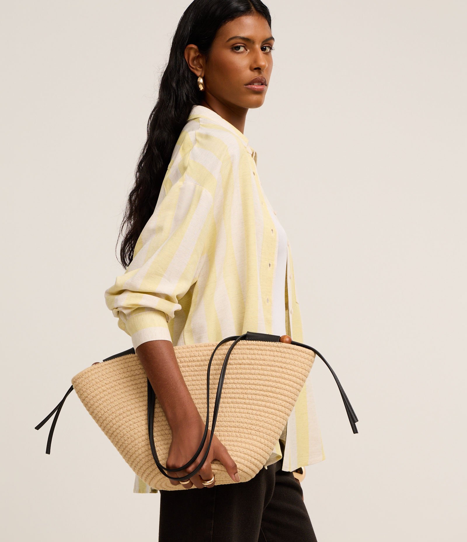 Camisa Ampla em Viscolinho com Listras Largas Amarelo/Branco 5