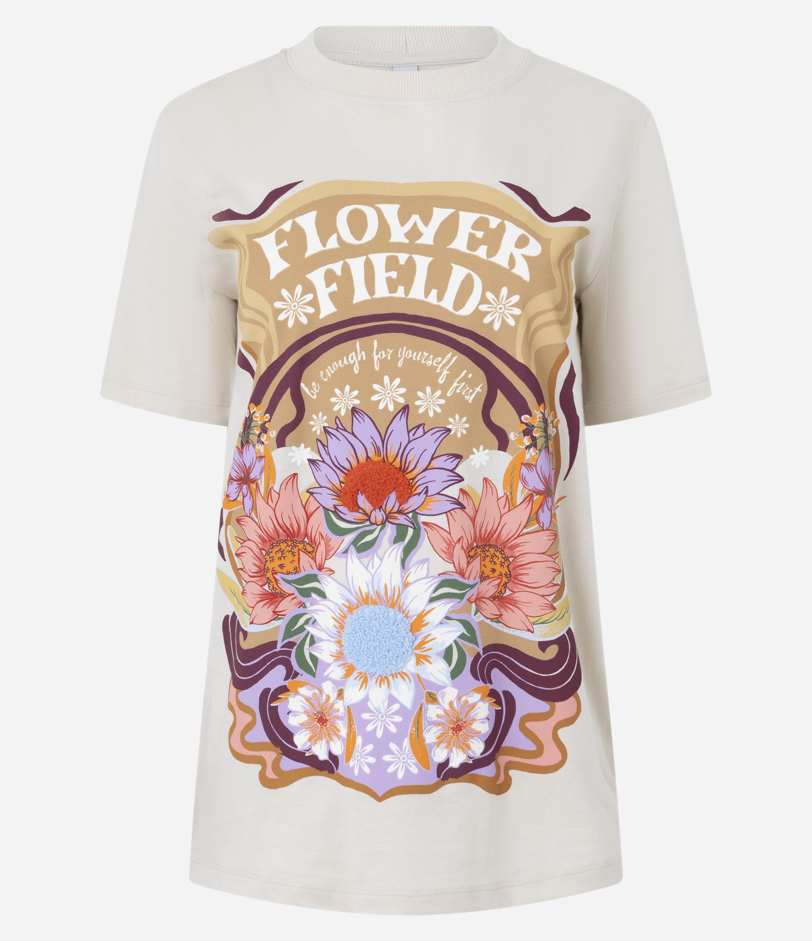 Camiseta Alongada em Algodão com Estampa Floral Bege 1